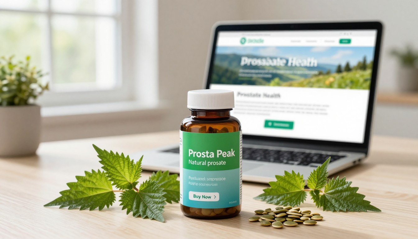 A beautifully arranged composition showcasing a bottle of "Prosta Peak" natural prostate supplement as the focal point in the foreground, elegantly designed with a modern label featuring vibrant greens and soft blues. Surrounding the bottle, fresh herbs such as saw palmetto, pumpkin seed, and nettle leaf are artfully placed, enhancing the natural theme. In the middle ground, an open laptop displays information about prostate health, while a well-organized workspace with natural light streaming in through a window creates a warm, inviting atmosphere. The background features a soft-focus image of a serene landscape, suggesting vitality and wellness, all captured with a shallow depth of field. The lighting is bright and airy, with a professional, polished look that encourages trust and offers a sense of serenity. Include a clear, visible "Buy Now" call-to-action button overlay. A beautifully arranged composition showcasing a bottle of "Prosta Peak" natural prostate supplement as the focal point in the foreground, elegantly designed with a modern label featuring vibrant greens and soft blues. Surrounding the bottle, fresh herbs such as saw palmetto, pumpkin seed, and nettle leaf are artfully placed, enhancing the natural theme. In the middle ground, an open laptop displays information about prostate health, while a well-organized workspace with natural light streaming in through a window creates a warm, inviting atmosphere. The background features a soft-focus image of a serene landscape, suggesting vitality and wellness, all captured with a shallow depth of field. The lighting is bright and airy, with a professional, polished look that encourages trust and offers a sense of serenity. Include a clear, visible "Buy Now" call-to-action button overlay.