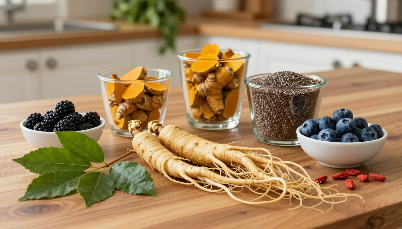 A beautifully arranged composition showcasing natural male vitality ingredients on a polished wooden table. In the foreground, vibrant green leaves of ginseng and maca root, alongside bowls of dark berries like blueberries and goji berries, symbolize energy and health. The middle ground features elegant glass containers filled with golden turmeric and a sprinkle of chia seeds, reflecting their nutritional benefits. In the background, soft focus on a light-filled kitchen setting with herbs hanging, creating an inviting and wholesome atmosphere. The light is warm and natural, highlighting the rich colors of the ingredients. Shot from a slightly elevated angle to emphasize the textures and freshness, evoking a feeling of vitality and wellness. A beautifully arranged composition showcasing natural male vitality ingredients on a polished wooden table. In the foreground, vibrant green leaves of ginseng and maca root, alongside bowls of dark berries like blueberries and goji berries, symbolize energy and health. The middle ground features elegant glass containers filled with golden turmeric and a sprinkle of chia seeds, reflecting their nutritional benefits. In the background, soft focus on a light-filled kitchen setting with herbs hanging, creating an inviting and wholesome atmosphere. The light is warm and natural, highlighting the rich colors of the ingredients. Shot from a slightly elevated angle to emphasize the textures and freshness, evoking a feeling of vitality and wellness.