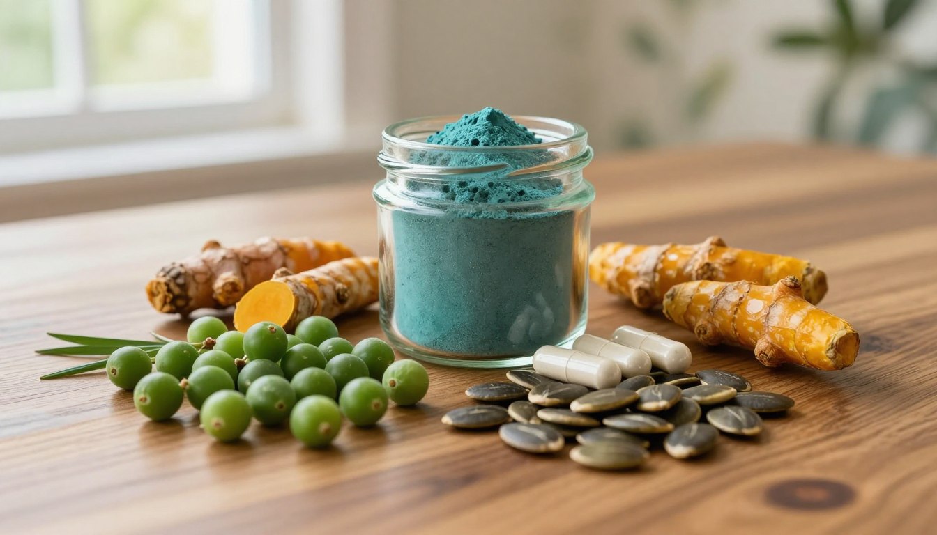 A beautifully arranged display of ProstaPrime Support ingredients for prostate health, set on a polished wooden table. In the foreground, vibrant green saw palmetto berries and dark, rich pumpkin seeds, along with soft, golden turmeric roots artfully scattered. In the middle, a clear glass jar filled with a blue-green spirulina powder is accompanied by delicate white capsules, symbolizing natural health. The background features soft natural light filtering through a window, casting a warm glow on a subtle botanical wallpaper. The scene exudes a calming and health-conscious atmosphere, emphasizing the essence of natural wellness. Capture the image from a slightly elevated angle to highlight details and textures, creating an inviting and educational focus on essential ingredients for prostate health.