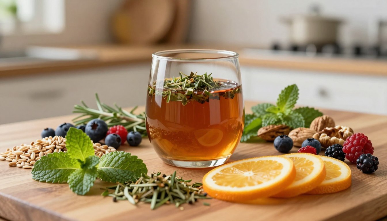 A beautifully arranged display of the "Ignitra ingredients proprietary blend," showcasing a variety of natural elements such as vibrant green herbs, colorful berries, and nuts, all artistically presented on a wooden surface. In the foreground, focus on individual ingredients - like a sprig of fresh mint, slices of citrus fruits, and wholesome grains - each clearly defined and inviting. In the middle, a stylish glass container filled with the proprietary blend is highlighted, reflecting light with an amber hue, surrounded by finely crushed herbs. The background features a softly blurred kitchen setting with warm, ambient lighting that creates a cozy atmosphere. The overall mood conveys health and vitality, capturing the essence of sustainable energy solutions. Use a soft focus effect for a refreshing, organic feel.