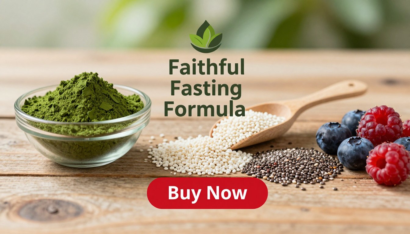 A beautifully arranged flat lay of key ingredients in the "Faithful Fasting Formula", featuring vibrant and fresh superfoods: a bowl of green spirulina powder, a scoop of collagen peptides, chia seeds, and a cluster of ripe berries. The ingredients are artfully scattered on a rustic wooden surface, with a soft-focus background of blurred greenery, symbolizing vitality and health. Warm, natural lighting creates an inviting atmosphere, highlighting the textures and colors of the ingredients. A stylish "Faithful Fasting Formula" brand logo is subtly integrated into the design. The image conveys a sense of energy and transformation, with a prominent "Buy Now" button designed in a bold and eye-catching style, enhancing the sense of action and immediacy. A beautifully arranged flat lay of key ingredients in the "Faithful Fasting Formula", featuring vibrant and fresh superfoods: a bowl of green spirulina powder, a scoop of collagen peptides, chia seeds, and a cluster of ripe berries. The ingredients are artfully scattered on a rustic wooden surface, with a soft-focus background of blurred greenery, symbolizing vitality and health. Warm, natural lighting creates an inviting atmosphere, highlighting the textures and colors of the ingredients. A stylish "Faithful Fasting Formula" brand logo is subtly integrated into the design. The image conveys a sense of energy and transformation, with a prominent "Buy Now" button designed in a bold and eye-catching style, enhancing the sense of action and immediacy.