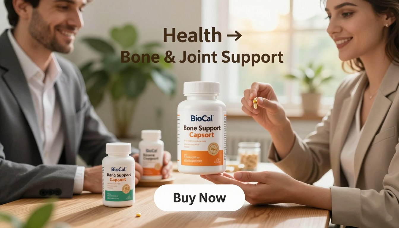 A beautifully arranged product display featuring BioCal Bone Support Capsules. In the foreground, a confident man and woman, both dressed in professional business attire, are holding the capsules, smiling to convey trust and satisfaction. The capsules are prominently displayed in their hands, with the sleek packaging glistening under soft, natural lighting. In the middle ground, a healthy lifestyle setting is depicted with green plants and a wooden table, suggesting a connection to nature and wellness. In the background, a warm, inviting atmosphere with out-of-focus sunlight filtering through a window enhances the mood. Below, a subtle "Buy Now" button is integrated into the scene. Include the brand name "Health → Bone & Joint Support" in a tasteful font, ensuring the focus remains on the product and its benefits for skeletal strength.