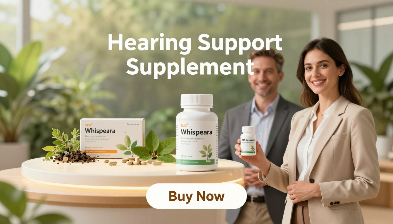 A beautifully arranged product display featuring the "Hearing Support Supplement," Whispeara. In the foreground, a man and woman stand proudly holding the sleek, elegantly designed supplement container, both dressed in professional business attire, conveying trust and expertise. In the middle ground, a softly lit table showcases natural ingredients like herbs, leaves, and capsules, emphasizing the supplement's science-backed components. The background is a serene setting with blurred greenery, suggesting a connection to nature and health. Bright, warm lighting enhances the inviting atmosphere, while a subtle "Buy Now" button is positioned below the product, promoting action. The overall mood is uplifting and informative, appealing to those seeking to improve their hearing experiences.