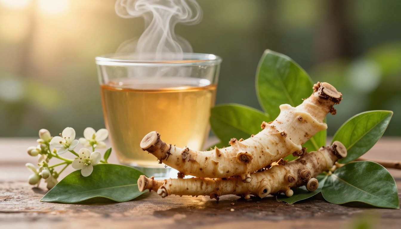 A beautifully arranged scene featuring Tongkat Ali and Horny Goat Weed, placed prominently in the foreground. The Tongkat Ali root is depicted in rich earthy tones, showcasing its texture, surrounded by vibrant green leaves. Beside it, the Horny Goat Weed plant displays delicate, small flowers with soft hues. In the middle ground, a subtle glass of steaming herbal tea infused with these plants catches the light, creating a warm glow. The background features a softly blurred, softly lit natural setting, with hints of a serene forest ambience, evoking tranquility and wellness. The lighting is warm and inviting, suggesting a golden hour feel. The overall mood conveys a sense of natural vitality and holistic health, perfect for enhancing performance in a balanced lifestyle. A beautifully arranged scene featuring Tongkat Ali and Horny Goat Weed, placed prominently in the foreground. The Tongkat Ali root is depicted in rich earthy tones, showcasing its texture, surrounded by vibrant green leaves. Beside it, the Horny Goat Weed plant displays delicate, small flowers with soft hues. In the middle ground, a subtle glass of steaming herbal tea infused with these plants catches the light, creating a warm glow. The background features a softly blurred, softly lit natural setting, with hints of a serene forest ambience, evoking tranquility and wellness. The lighting is warm and inviting, suggesting a golden hour feel. The overall mood conveys a sense of natural vitality and holistic health, perfect for enhancing performance in a balanced lifestyle.