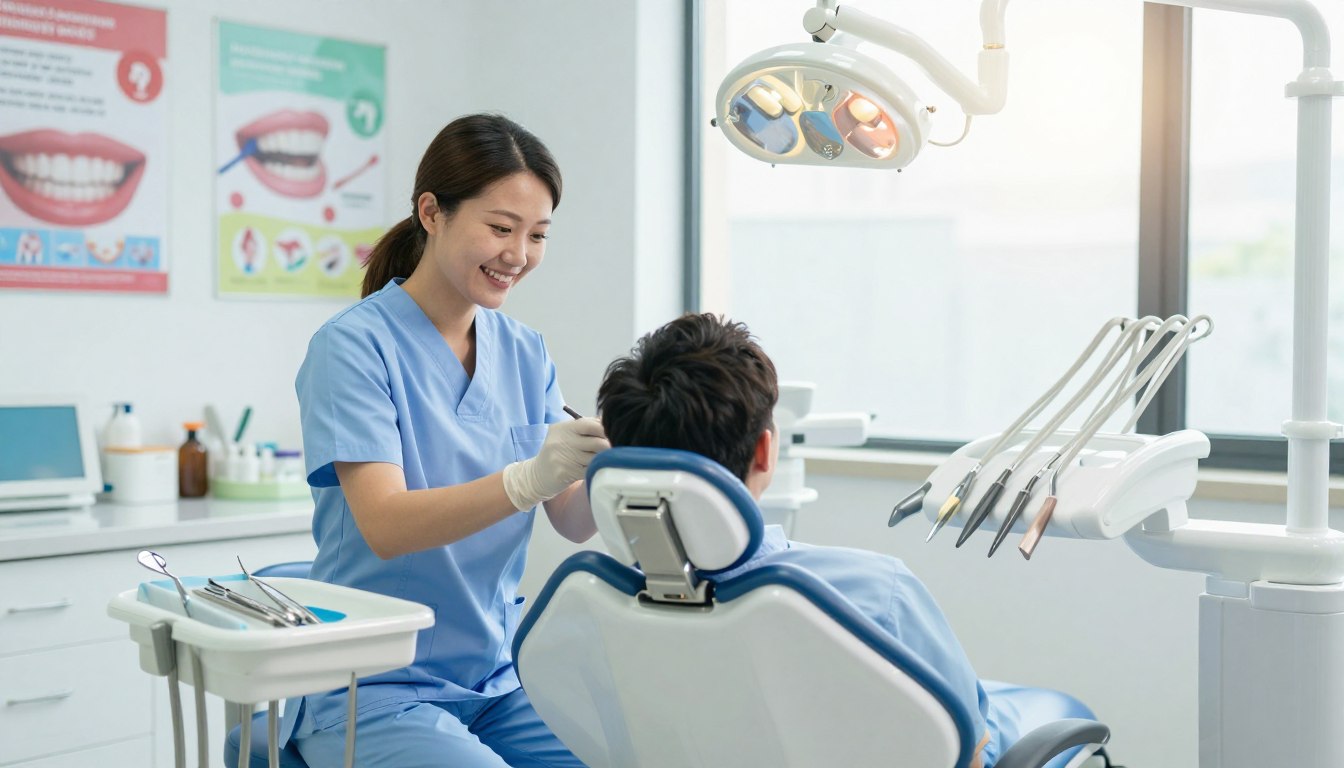 A bright and inviting dental clinic interior, showcasing a modern dental chair at the center of the foreground, accented by polished dental tools on a clean, white countertop. To the left, a friendly dentist in professional attire examines a patient's teeth, both smiling, radiating confidence and care. In the middle ground, colorful posters about oral hygiene adorn the walls, featuring images of healthy teeth and tips for maintaining oral health. The background includes a large window with soft, natural light streaming in, illuminating the space and creating a warm atmosphere. Gentle colors of blue and white dominate the scene, evoking a sense of trust and safety. The overall mood should be uplifting and reassuring, highlighting the importance of maintaining good oral health for overall well-being.