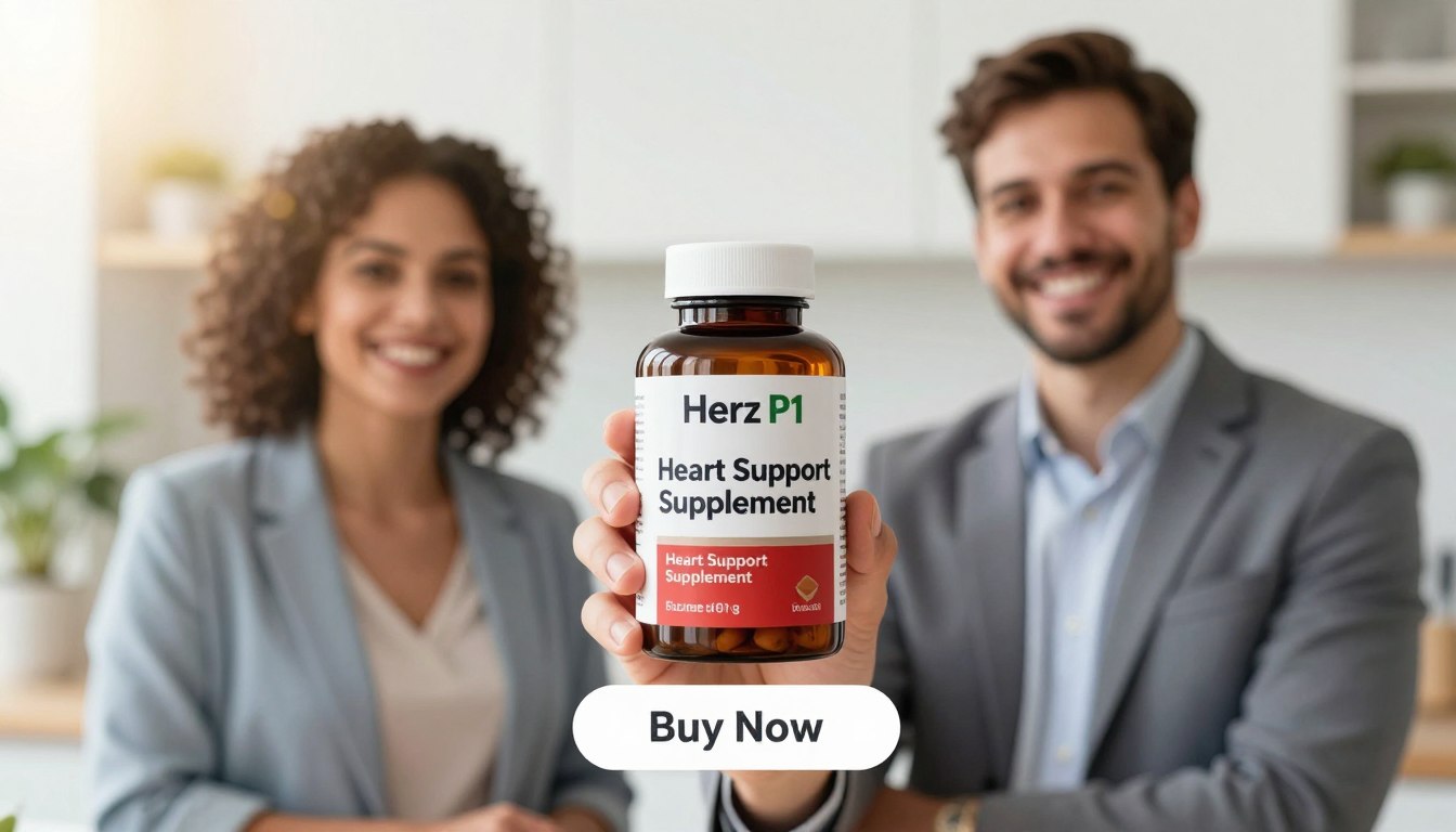A bright and inviting image showcasing a "Health Supplement" bottle labeled "Herz P1 Heart Support Supplement" prominently in the foreground, held by a diverse man and woman in professional attire, smiling and exuding positivity. The middle ground features a soothing, soft-focus background of a well-lit, modern kitchen environment with hints of natural elements like plants, symbolizing a healthy lifestyle. A clear "Buy Now" button appears underneath the product, enhancing the enticing atmosphere. The lighting is warm and vibrant, with a slight lens flare effect for brightness. The overall mood is encouraging and uplifting, emphasizing the importance of heart health and wellness, making it an engaging illustration for the article's focus on cardiovascular care.