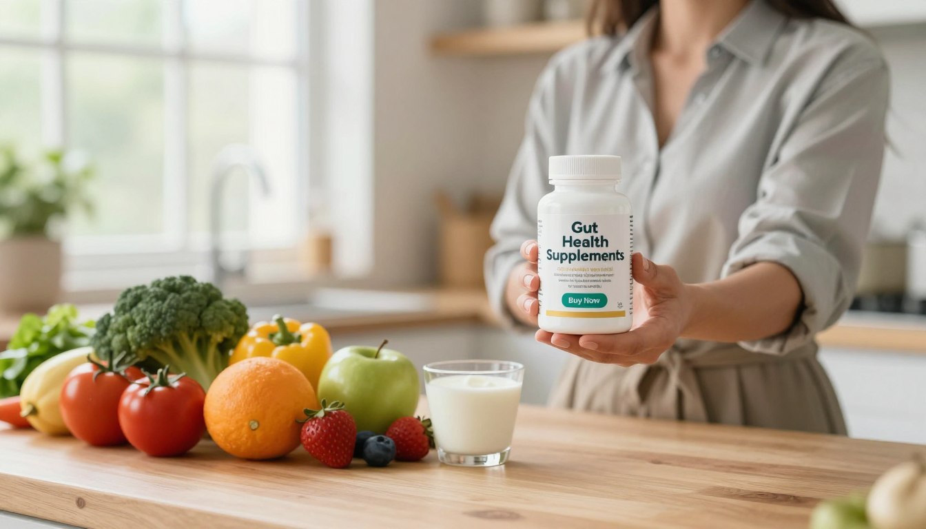 A bright and inviting kitchen scene featuring a woman in professional casual attire, holding a bottle of "Gut Health Supplements" probiotics in her hand. The foreground displays the product prominently with a clean label and a "Buy Now" button positioned below the bottle. In the middle, fresh vegetables, fruits, and yogurt are artfully arranged on a wooden countertop, symbolizing healthy gut ingredients. The background showcases soft, natural light filtering through a window, enhancing the fresh and vibrant atmosphere of wellbeing. The overall mood is uplifting and encouraging, ideal for illustrating the importance of probiotics in maintaining gut health.