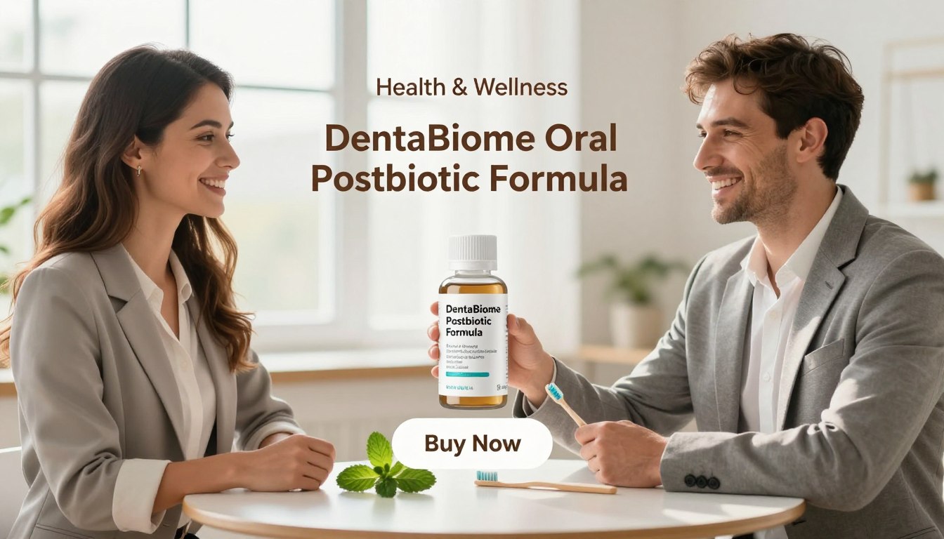 A bright and inviting product display featuring "DentaBiome Oral Postbiotic Formula" in a clean, modern setting. In the foreground, a smiling man and woman, dressed in professional business attire, hold the product prominently, showcasing its sleek design. The woman has flowing hair and the man has a neatly groomed appearance, both exuding confidence and health. In the middle, a polished table holds the product surrounded by fresh mint leaves and a toothbrush, emphasizing oral health. The background is softly blurred with warm, natural lighting coming from a large window, creating an uplifting atmosphere. A subtle "Buy Now" button is positioned below the product, with the brand name "Health & Wellness" elegantly displayed. The overall mood is inspiring, promoting a sense of well-being and everyday confidence. A bright and inviting product display featuring "DentaBiome Oral Postbiotic Formula" in a clean, modern setting. In the foreground, a smiling man and woman, dressed in professional business attire, hold the product prominently, showcasing its sleek design. The woman has flowing hair and the man has a neatly groomed appearance, both exuding confidence and health. In the middle, a polished table holds the product surrounded by fresh mint leaves and a toothbrush, emphasizing oral health. The background is softly blurred with warm, natural lighting coming from a large window, creating an uplifting atmosphere. A subtle "Buy Now" button is positioned below the product, with the brand name "Health & Wellness" elegantly displayed. The overall mood is inspiring, promoting a sense of well-being and everyday confidence.