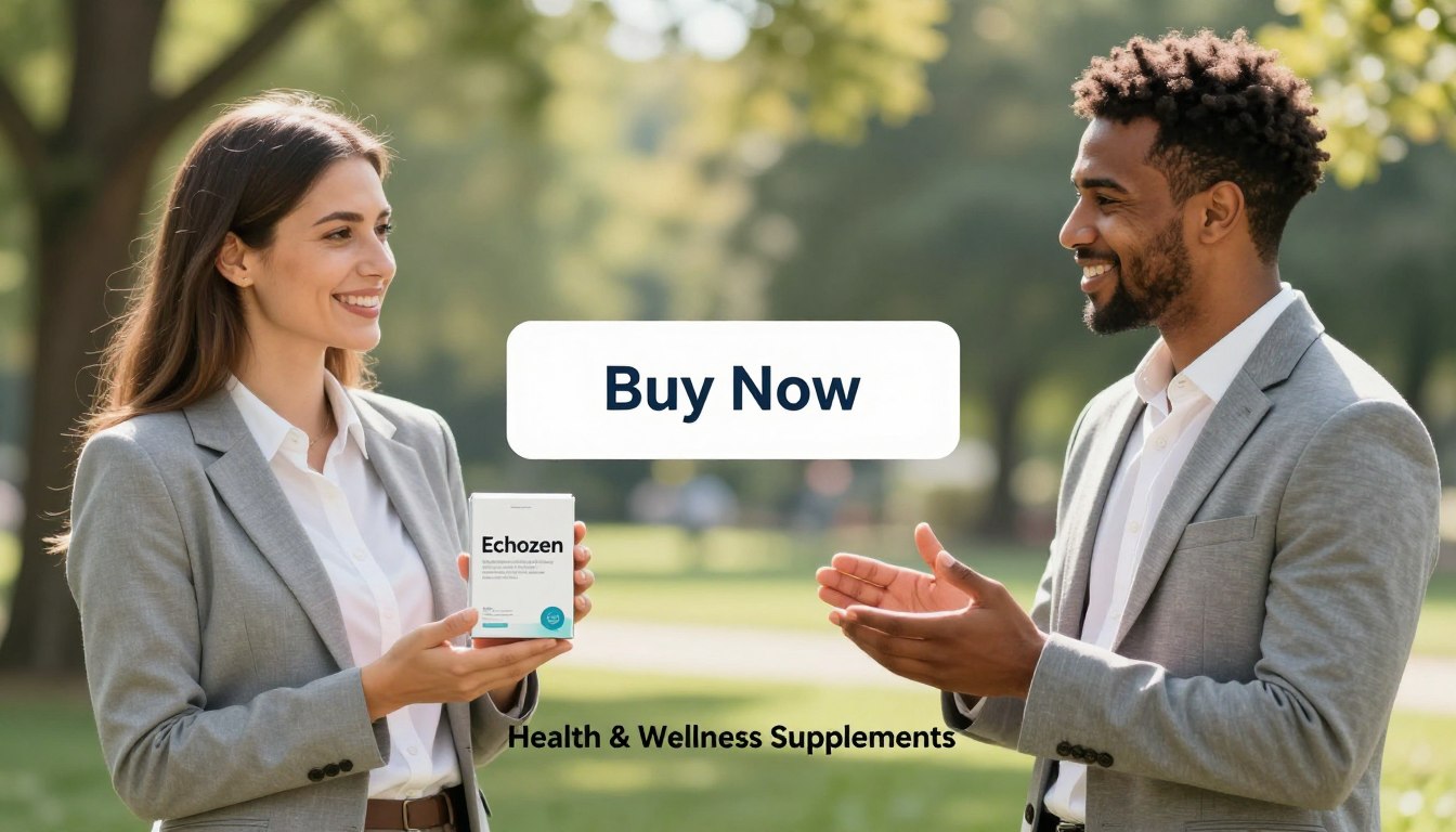 A bright and inviting product display featuring a diverse man and woman, both dressed in professional business attire, holding a sleek product labeled "Echozen" in their hands. The foreground showcases the product prominently, with the woman on the left smiling confidently and the man on the right looking engaged, encouraging a connection with viewers. In the middle ground, a subtle overlay displays a "Buy Now" button in an appealing design. The background features a serene and natural setting, such as a tranquil park with soft sunlight filtering through trees, evoking a sense of wellness and harmony. The overall atmosphere is uplifting and positive, suggesting a transformative journey to better hearing support, with the brand name "Health & Wellness Supplements" subtly integrated into the design at the bottom. A bright and inviting product display featuring a diverse man and woman, both dressed in professional business attire, holding a sleek product labeled "Echozen" in their hands. The foreground showcases the product prominently, with the woman on the left smiling confidently and the man on the right looking engaged, encouraging a connection with viewers. In the middle ground, a subtle overlay displays a "Buy Now" button in an appealing design. The background features a serene and natural setting, such as a tranquil park with soft sunlight filtering through trees, evoking a sense of wellness and harmony. The overall atmosphere is uplifting and positive, suggesting a transformative journey to better hearing support, with the brand name "Health & Wellness Supplements" subtly integrated into the design at the bottom.