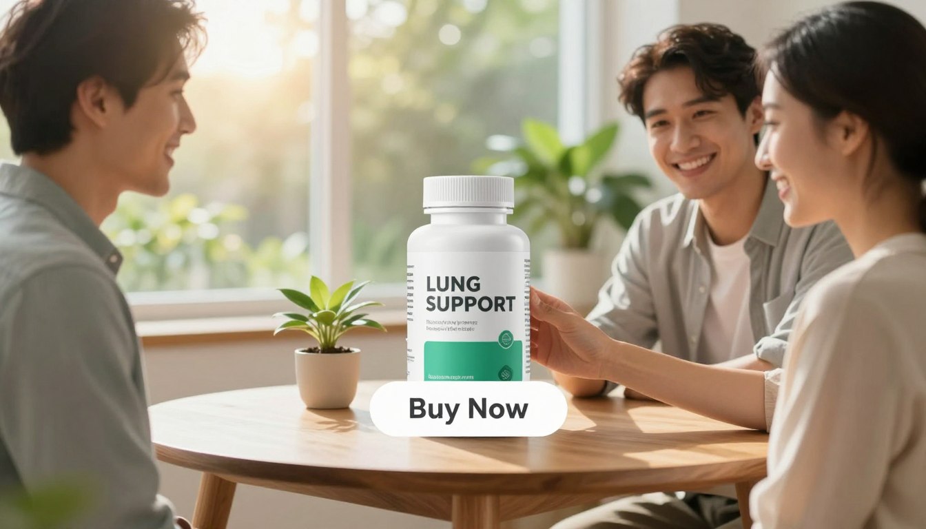A bright and inviting product display featuring the "Pulmo Balance" natural lung support supplement. In the foreground, a man and a woman, dressed in modest casual clothing, are holding a sleek, modern bottle of the supplement, showcasing it to the viewer with friendly smiles. In the middle ground, the bottle is prominently displayed on a clean, wooden table next to a small plant symbolizing natural health, with sunlight filtering through a nearby window creating a warm ambiance. The background features soft, blurred greenery, suggesting freshness and vitality. A “Buy Now” button is subtly integrated below the product, maintaining a professional aesthetic. The brand name "LUNG SUPPORT" is elegantly included on the supplement label, enhancing brand visibility. The overall atmosphere is one of health, positivity, and well-being. A bright and inviting product display featuring the "Pulmo Balance" natural lung support supplement. In the foreground, a man and a woman, dressed in modest casual clothing, are holding a sleek, modern bottle of the supplement, showcasing it to the viewer with friendly smiles. In the middle ground, the bottle is prominently displayed on a clean, wooden table next to a small plant symbolizing natural health, with sunlight filtering through a nearby window creating a warm ambiance. The background features soft, blurred greenery, suggesting freshness and vitality. A “Buy Now” button is subtly integrated below the product, maintaining a professional aesthetic. The brand name "LUNG SUPPORT" is elegantly included on the supplement label, enhancing brand visibility. The overall atmosphere is one of health, positivity, and well-being.