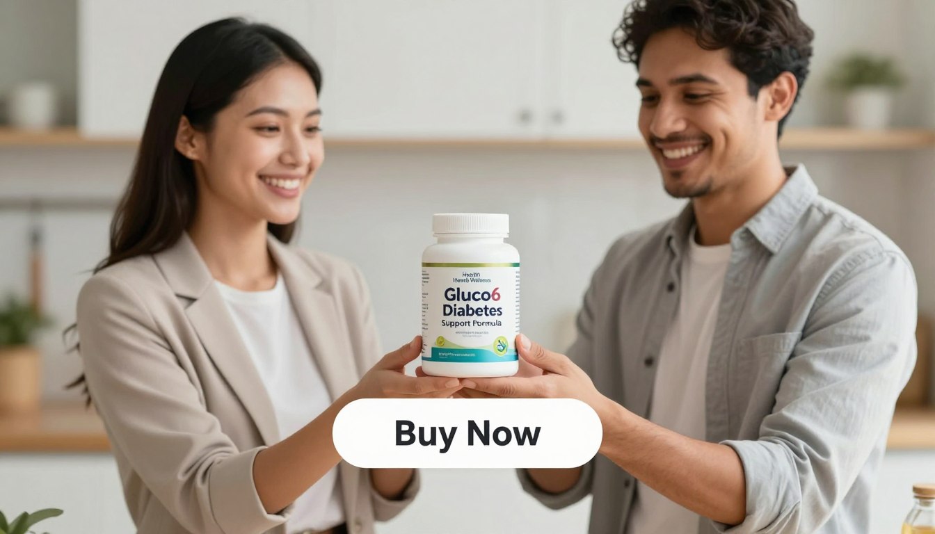 A bright, clean image featuring a diverse man and woman in professional business attire, both smiling while holding a container of "Gluco6 Natural Diabetes Support Formula." The background is softly blurred to emphasize the product, with an inviting, modern kitchen setting bathed in warm, natural light. A beautifully designed "Buy Now" button is displayed below the image, seamlessly integrated into the scene. The container features the brand name "Health & Wellness" prominently, with subtle, health-centric graphics on the label. The overall atmosphere exudes positivity and health, inviting viewers to consider this glucose support solution. The composition is balanced, with the subjects positioned in the foreground while the kitchen elements create a homely environment in the midground and background.