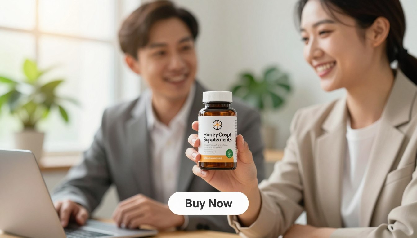 A bright, inviting setting featuring a man and woman, both dressed in professional business attire, holding a bottle of HoneyCept, a natural health supplement. The foreground showcases the product label clearly, emphasizing the "Health Supplements" brand. The middle ground includes the two individuals smiling and interacting, suggesting energy and wellness. In the background, there are elements symbolizing health, like green plants and a sunlit window, creating a warm atmosphere. Soft, natural lighting enhances the freshness of the scene, with a shallow depth of field directing focus on the product. A simple, unobtrusive "Buy Now" button is subtly positioned beneath the product, inviting action without detracting from the main visual.