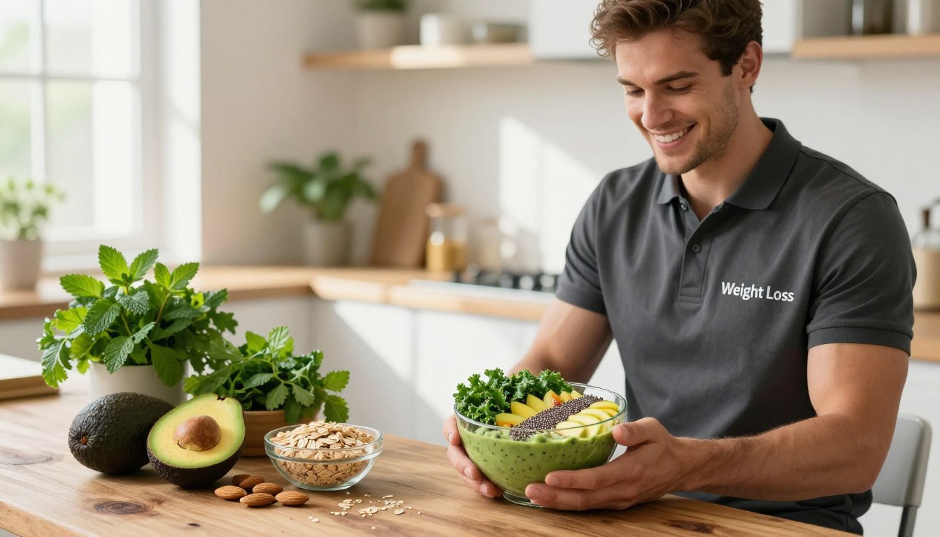 A bright kitchen scene highlighting natural ingredients for weight management. In the foreground, a fit young man in a sleek, professional outfit smiling while holding a vibrant smoothie bowl filled with kale, chia seeds, and sliced fruits, emphasizing a healthy lifestyle. The middle layer includes fresh herbs like mint and parsley, along with neatly arranged avocados, almonds, and oats on a rustic wooden table, creating an inviting atmosphere. In the background, soft sunlight pours in through a window, casting gentle shadows and creating a warm ambiance. The brand name "Weight Loss" subtly incorporated into the design. No text overlays or watermarks. The mood is inspirational, showcasing the appeal of natural ingredients in achieving fitness goals.