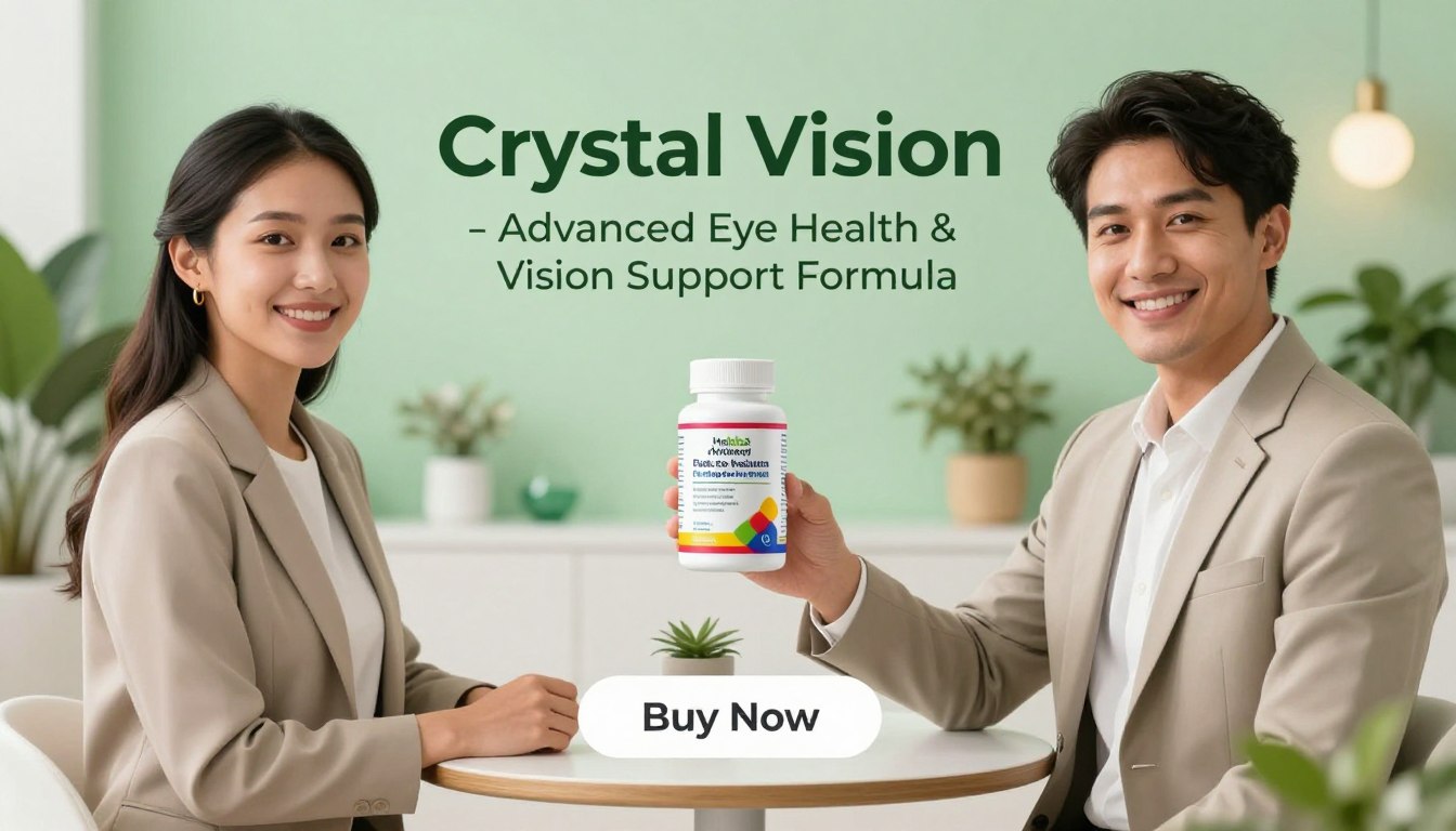 A bright, modern product showcase of "Crystal Vision – Advanced Eye Health & Vision Support Formula." In the foreground, a smiling man and woman, dressed in smart business attire, hold the product prominently between them. The product is sleek and visually appealing, with vibrant colors suggesting health and vitality. In the middle layer, a clean, modern table with subtle decorations enhances the focus on the product. In the background, a softly blurred health-themed environment with light green hues and natural elements evokes a sense of well-being. The composition features soft, warm lighting, creating an inviting atmosphere. Below the product, a "Buy Now" button appears, clearly visible but non-intrusive. Include the brand name "Health & Wellness" subtly integrated into the design, ensuring no text overlays disrupt the visual flow.