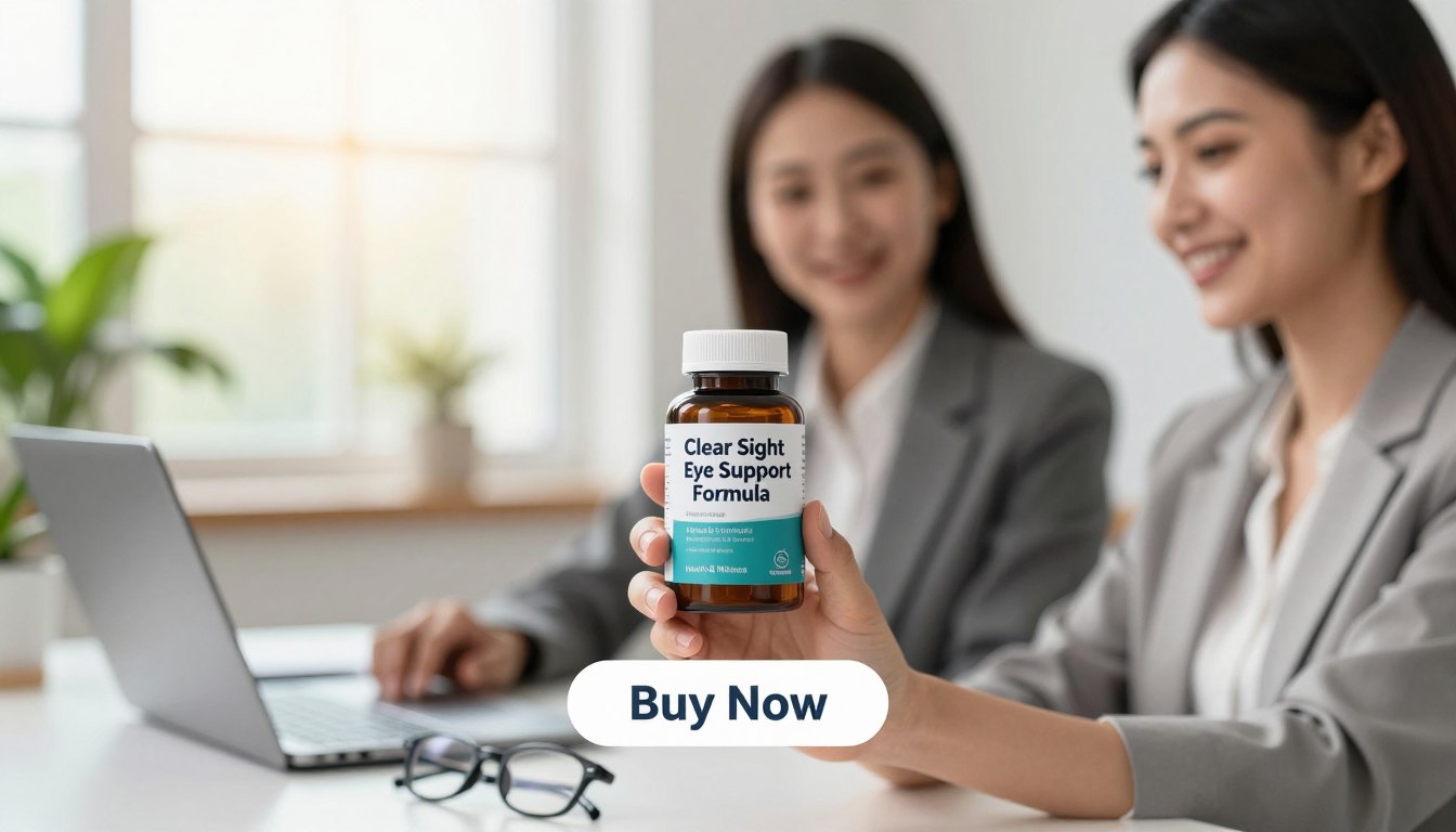 A bright, well-lit image showcasing a bottle of "Clear Sight Eye Support Formula" prominently in the foreground, held by a professional man and woman dressed in smart business attire. The bottle features a sleek design with a label that emphasizes its advanced formula for eye health. In the middle ground, soft-focus elements include green plant leaves, symbolizing natural ingredients, and a modern desk setup with a laptop and glasses. The background is a softly blurred office environment with daylight pouring in through a window, adding warmth and professionalism to the scene. A subtle "Buy Now" button appears below the product, enhancing the image's call to action. The brand name, "Health & Wellness," is visually integrated into the composition. The overall mood is inviting, informative, and uplifting, targeting individuals seeking effective eye care solutions.