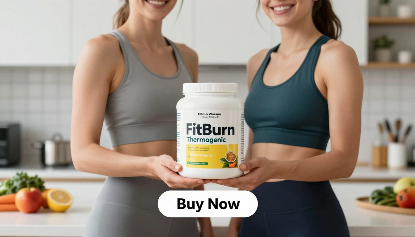 A brightly lit, modern kitchen setting serves as the backdrop, emphasizing a healthy lifestyle. In the foreground, a fit man and woman stand side by side, both wearing stylish, modest athletic apparel to convey professionalism and approachability. They are holding a sleek container of "FitBurn Thermogenic" prominently in front of them, displaying the product's vibrant packaging. Below the product, a visually appealing "Buy Now" button is rendered to catch the viewer's attention. The kitchen is adorned with fresh fruits and vegetables, subtly suggesting a commitment to wellness. The overall mood is energetic and motivational, capturing the essence of weight management and healthy living. The lighting is bright and natural, enhancing the product's allure and the positive atmosphere in the image. Brand name "Men & Women (Unisex Product)" is subtly incorporated into the design of the product container.
