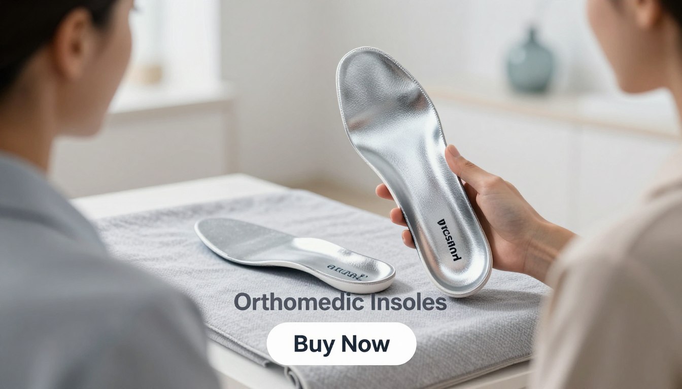 A captivating product image showcasing a pair of Akusoli magnetic insoles with a focus on the antimicrobial silver coating. In the foreground, a man and woman, dressed in professional attire, hold the insoles with a clear view of the glistening silver surface, illustrating its protective properties. The middle ground features a contrasting soft, breathable fabric, emphasizing comfort and support. The background is softly blurred, depicting a sleek, minimalist interior space to highlight the product. Utilize bright, natural lighting to create an inviting atmosphere, adding depth with a slight lens focus on the insoles. At the bottom, include a "Buy Now" button alongside the brand name "Orthopedic Insoles," ensuring it integrates seamlessly with the composition. The overall mood should be informative yet appealing, inviting the viewer to learn more about this innovative product. A captivating product image showcasing a pair of Akusoli magnetic insoles with a focus on the antimicrobial silver coating. In the foreground, a man and woman, dressed in professional attire, hold the insoles with a clear view of the glistening silver surface, illustrating its protective properties. The middle ground features a contrasting soft, breathable fabric, emphasizing comfort and support. The background is softly blurred, depicting a sleek, minimalist interior space to highlight the product. Utilize bright, natural lighting to create an inviting atmosphere, adding depth with a slight lens focus on the insoles. At the bottom, include a "Buy Now" button alongside the brand name "Orthopedic Insoles," ensuring it integrates seamlessly with the composition. The overall mood should be informative yet appealing, inviting the viewer to learn more about this innovative product.