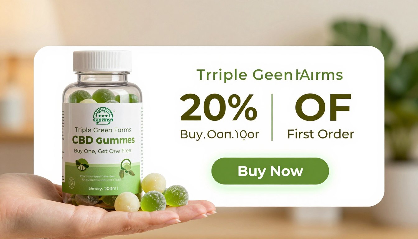 A clean and modern advertising banner layout showcasing "Triple Green Farms" premium CBD gummies. In the foreground, a hand gently holds a clear bottle of green and white CBD gummies, emphasizing their natural and premium quality. The middle section features a price tag displaying competitive pricing, alongside attractive promotional offers like "Buy One, Get One Free" and "20% Off Your First Order." A glowing "Buy Now" button is prominently featured, inviting immediate action. The background is softly blurred, emphasizing the products without distractions. Use warm, inviting lighting to create a calming atmosphere, and choose an angle that highlights the product's appeal. The overall mood should reflect relaxation, health, and wellness, suitable for consumers seeking effective solutions for pain relief, stress calm, and better sleep. A clean and modern advertising banner layout showcasing "Triple Green Farms" premium CBD gummies. In the foreground, a hand gently holds a clear bottle of green and white CBD gummies, emphasizing their natural and premium quality. The middle section features a price tag displaying competitive pricing, alongside attractive promotional offers like "Buy One, Get One Free" and "20% Off Your First Order." A glowing "Buy Now" button is prominently featured, inviting immediate action. The background is softly blurred, emphasizing the products without distractions. Use warm, inviting lighting to create a calming atmosphere, and choose an angle that highlights the product's appeal. The overall mood should reflect relaxation, health, and wellness, suitable for consumers seeking effective solutions for pain relief, stress calm, and better sleep.