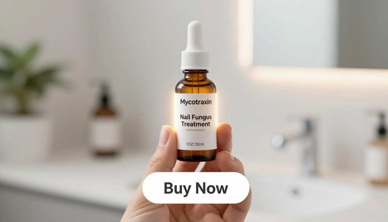 A clean and modern image showcasing a hand holding a bottle of Mycotraxin Nail Drops, labeled "Nail Fungus Treatment 1OZ/30ml." The background features a softly lit, minimalistic bathroom setting with a hint of greenery, emphasizing a sense of wellness and cleanliness. The focus is on the bottle, which has a glowing effect to signify effectiveness and allure. A subtle price tag hangs near the bottle, and a "Buy Now" button is artistically integrated into the foreground without distracting from the main subject. The atmosphere conveys a feeling of hope and health, inviting viewers to take action in their nail care journey. Overall, the image should feel polished and professional, ideal for an article on nail fungus treatment. A clean and modern image showcasing a hand holding a bottle of Mycotraxin Nail Drops, labeled "Nail Fungus Treatment 1OZ/30ml." The background features a softly lit, minimalistic bathroom setting with a hint of greenery, emphasizing a sense of wellness and cleanliness. The focus is on the bottle, which has a glowing effect to signify effectiveness and allure. A subtle price tag hangs near the bottle, and a "Buy Now" button is artistically integrated into the foreground without distracting from the main subject. The atmosphere conveys a feeling of hope and health, inviting viewers to take action in their nail care journey. Overall, the image should feel polished and professional, ideal for an article on nail fungus treatment.