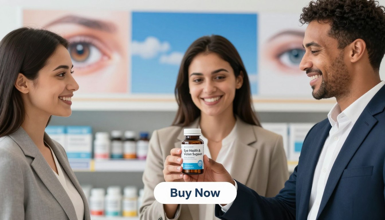 A clean and modern product display featuring a macular health supplement bottle labeled “Eye Health & Vision Support Su.” In the foreground, a man and woman of diverse backgrounds are smiling and holding the supplement bottle, dressed in professional business attire, radiating wellness and confidence. The middle section showcases a soft-focus background with eye-related imagery such as healthy eyes and vibrant blue skies, creating an uplifting atmosphere. Soft, natural lighting enhances the subjects, emphasizing their expressions and the product. A subtle “Buy Now” button appears beneath them, blending harmoniously into the overall design. The mood is informative yet inviting, reflecting the essence of vision care and eye wellness.