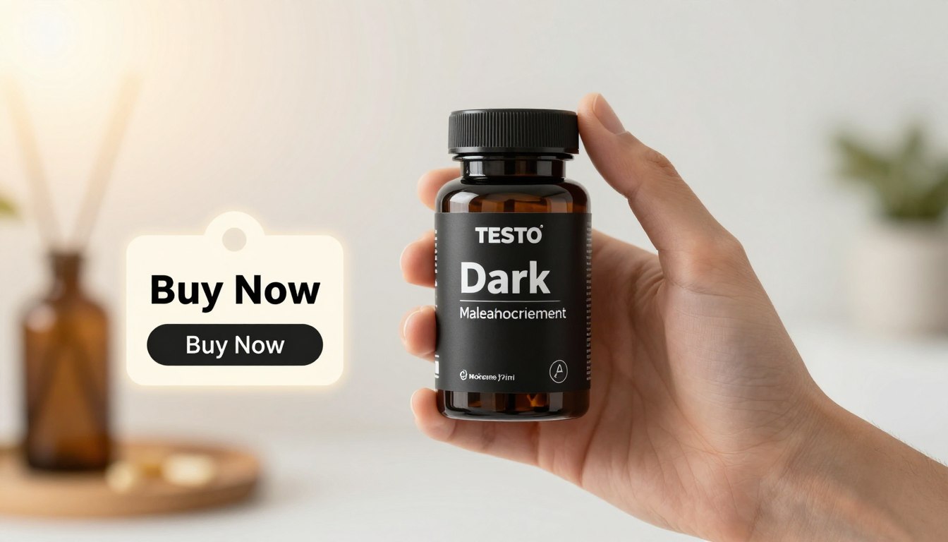 A clean and professional composition featuring a hand holding a sleek black Testo Dark bottle labeled "Male Enhancement." In the foreground, the hand is prominently displayed, showcasing perfect grip and control. The middle section includes a subtle price tag and a glowing "Buy Now" button, enhancing the promotional feel. The background is softly blurred, suggesting a bright and modern environment with hints of health and wellness imagery, like abstract shapes or soft-focus vitamins. The lighting is warm and inviting, providing an uplifting atmosphere while keeping a focus on confidence and safety. This image should evoke a sense of trust and positivity, aligning with themes of potential side effects and safety considerations related to the product. A clean and professional composition featuring a hand holding a sleek black Testo Dark bottle labeled "Male Enhancement." In the foreground, the hand is prominently displayed, showcasing perfect grip and control. The middle section includes a subtle price tag and a glowing "Buy Now" button, enhancing the promotional feel. The background is softly blurred, suggesting a bright and modern environment with hints of health and wellness imagery, like abstract shapes or soft-focus vitamins. The lighting is warm and inviting, providing an uplifting atmosphere while keeping a focus on confidence and safety. This image should evoke a sense of trust and positivity, aligning with themes of potential side effects and safety considerations related to the product.