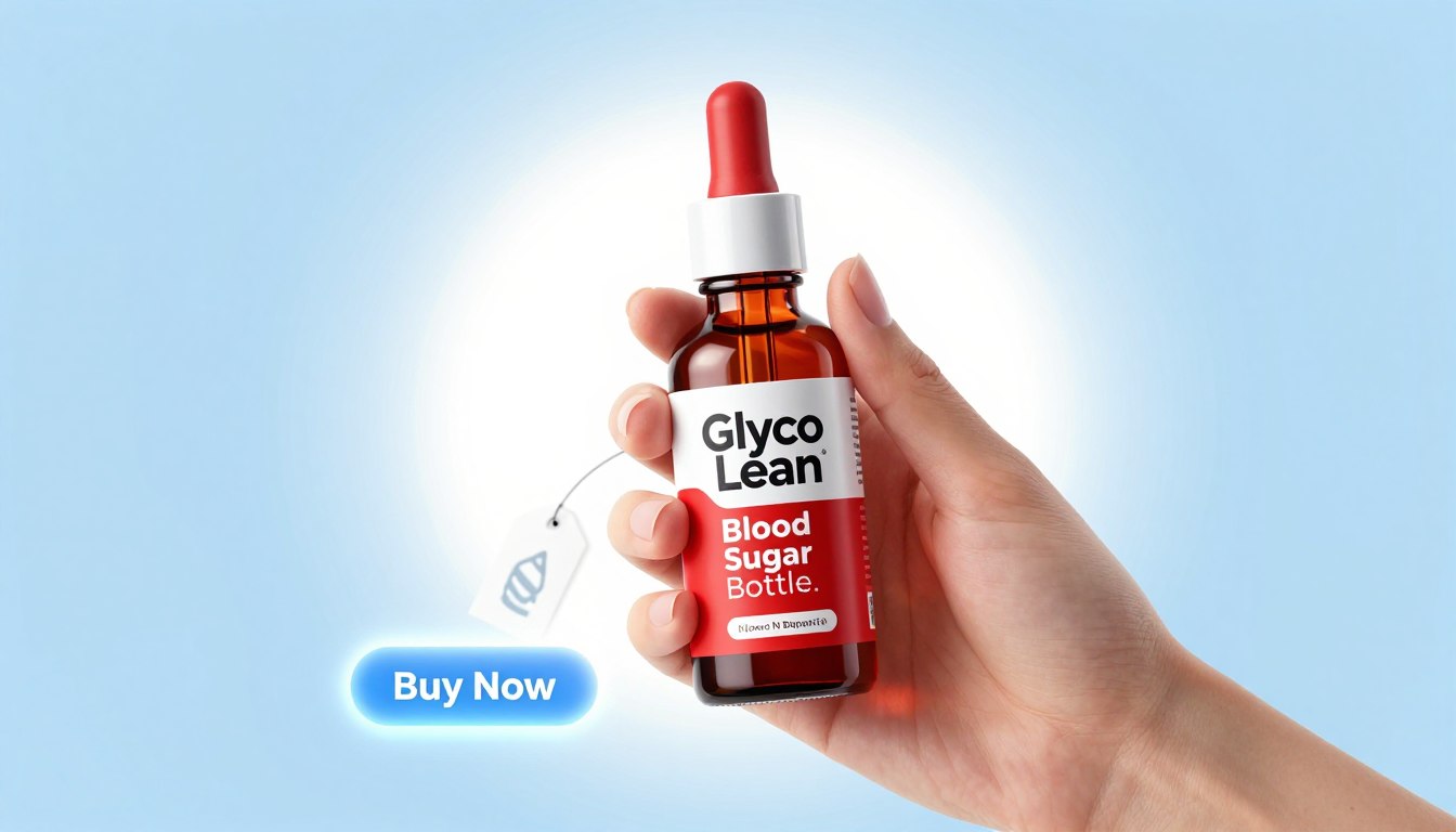 A clean and professional illustration featuring a hand elegantly holding a red Glyco Lean dropper bottle labeled "Glyco Lean Blood Sugar Bottle." The focus is on the bottle in the foreground, adorned with a shiny, appealing design. In the middle ground, a softly glowing backdrop highlights the product, with a subtle gradient from light blue to white, conveying a sense of vitality and health. A price tag is subtly placed next to the bottle, and a "Buy Now" button glows invitingly nearby. The lighting is bright and ethereal, creating an uplifting mood that emphasizes the product's claims of balancing blood sugar and boosting energy. The overall atmosphere is sleek, modern, and clean, suitable for a professional article. A clean and professional illustration featuring a hand elegantly holding a red Glyco Lean dropper bottle labeled "Glyco Lean Blood Sugar Bottle." The focus is on the bottle in the foreground, adorned with a shiny, appealing design. In the middle ground, a softly glowing backdrop highlights the product, with a subtle gradient from light blue to white, conveying a sense of vitality and health. A price tag is subtly placed next to the bottle, and a "Buy Now" button glows invitingly nearby. The lighting is bright and ethereal, creating an uplifting mood that emphasizes the product's claims of balancing blood sugar and boosting energy. The overall atmosphere is sleek, modern, and clean, suitable for a professional article.
