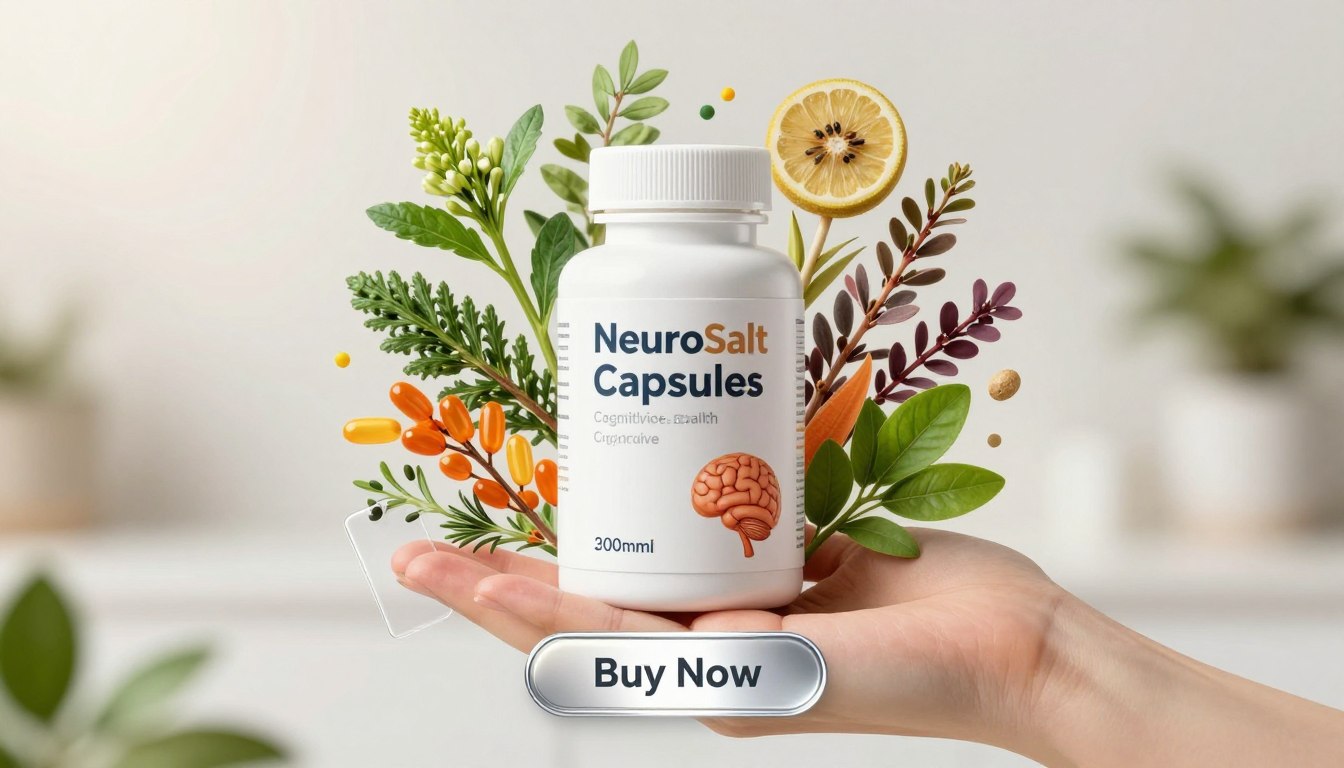 A clean and professional image featuring a hand holding a bottle of "NeuroSalt Capsules", prominently displaying the brand name. The bottle should be sleek and modern, highlighting the brain health supplement's cognitive support ingredients. Surround the bottle with vibrant, colorful representations of the key ingredients—such as herbs, vitamins, and minerals—arranged artistically to emphasize their natural properties. The background should be soft-focused, creating a calm and serene atmosphere, with a gentle glow illuminating the scene. In the foreground, include a transparent price tag and a shiny "Buy Now" button nearby, suggesting accessibility and urgency. Use bright, natural lighting to evoke a sense of wellness and clarity, perfect for promoting cognitive health. A clean and professional image featuring a hand holding a bottle of "NeuroSalt Capsules", prominently displaying the brand name. The bottle should be sleek and modern, highlighting the brain health supplement's cognitive support ingredients. Surround the bottle with vibrant, colorful representations of the key ingredients—such as herbs, vitamins, and minerals—arranged artistically to emphasize their natural properties. The background should be soft-focused, creating a calm and serene atmosphere, with a gentle glow illuminating the scene. In the foreground, include a transparent price tag and a shiny "Buy Now" button nearby, suggesting accessibility and urgency. Use bright, natural lighting to evoke a sense of wellness and clarity, perfect for promoting cognitive health.
