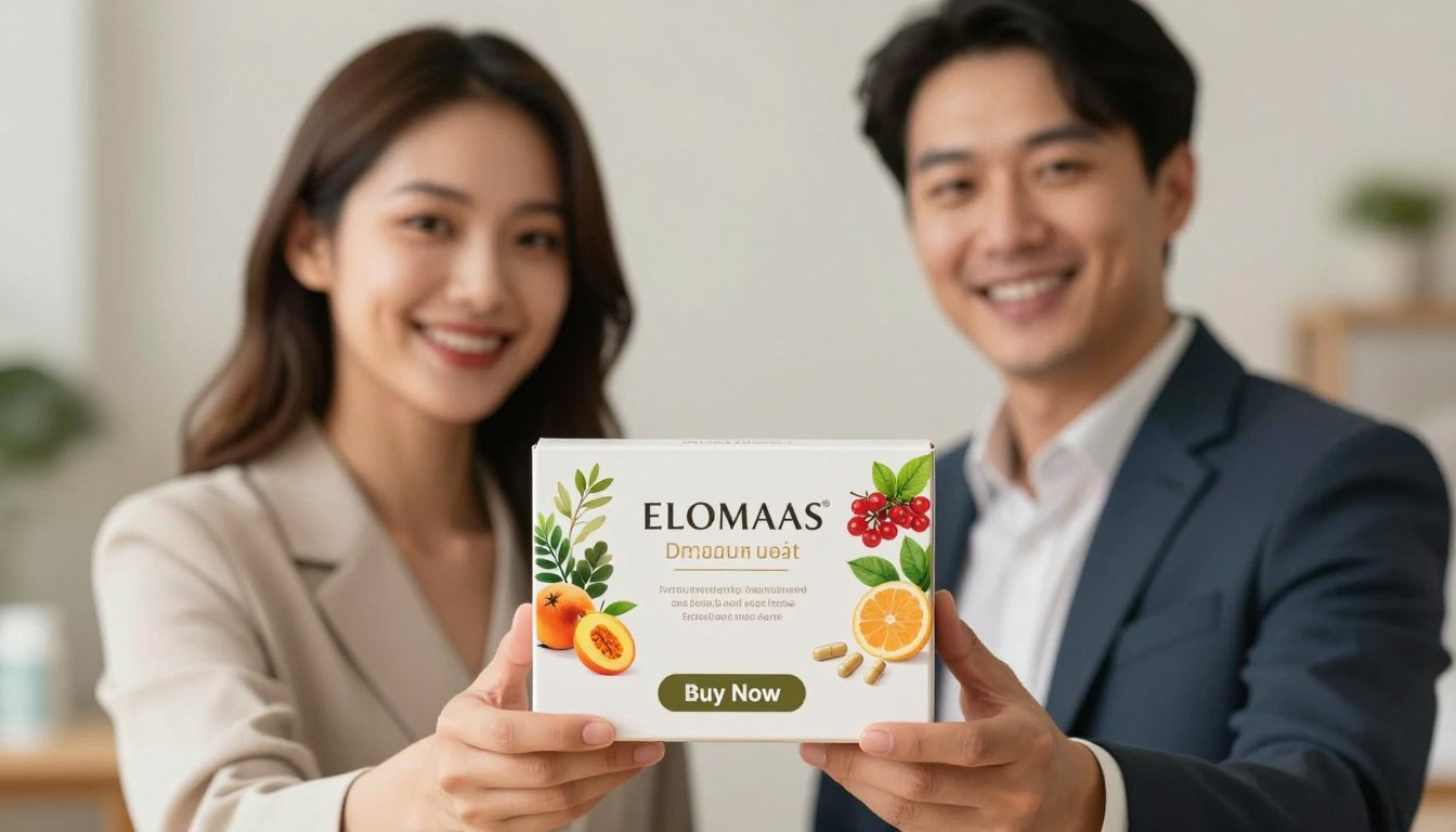 A clean and professional product display featuring a man and a woman holding a sleek box labeled "ELOMAAS" prominently in the foreground, both dressed in smart casual attire. The background should be softly blurred to focus on the subjects, with gentle, warm lighting illuminating their friendly faces and the product packaging. The box displays vibrant images of key ingredients associated with ELOMAAS, creating a sense of health and vitality, such as natural extracts, botanical elements, and capsules. Below the product, a stylish "Buy Now" button is included, enhancing the commercial appeal. The overall atmosphere should convey trust and effectiveness, inviting viewers to learn more about the ingredients and their benefits.
