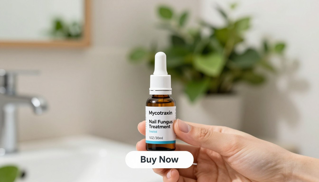 A clean and professional product showcase featuring a hand holding a Mycotraxin Nail Drops bottle, elegantly positioned in the foreground. The bottle, labeled "Nail Fungus Treatment 1OZ/30ml," should gleam with a subtle glow to emphasize its effectiveness. In the background, create a soft-focus environment of a serene bathroom setting, with light wood accents and lush green plants to evoke a sense of freshness and health. The lighting is bright and natural, casting gentle shadows, highlighting the bottle's details. Include a small price tag subtly placed next to the bottle and a clean "Buy Now" button that hints at action without overwhelming the composition. The overall mood should be inviting and hopeful, conveying the promise of beautiful, healthy nails. A clean and professional product showcase featuring a hand holding a Mycotraxin Nail Drops bottle, elegantly positioned in the foreground. The bottle, labeled "Nail Fungus Treatment 1OZ/30ml," should gleam with a subtle glow to emphasize its effectiveness. In the background, create a soft-focus environment of a serene bathroom setting, with light wood accents and lush green plants to evoke a sense of freshness and health. The lighting is bright and natural, casting gentle shadows, highlighting the bottle's details. Include a small price tag subtly placed next to the bottle and a clean "Buy Now" button that hints at action without overwhelming the composition. The overall mood should be inviting and hopeful, conveying the promise of beautiful, healthy nails.