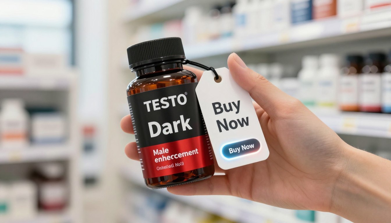 A clean, bright composition featuring a close-up of a hand holding a sleek black and red Testo Dark bottle prominently labeled "Male Enhancement". The foreground includes the bottle with a subtle sheen, as if reflecting soft light. In the middle, incorporate a stylish price tag elegantly hanging from the bottle, alongside a glowing "Buy Now" button that exudes urgency and allure. The backdrop consists of a softly blurred pharmacy or wellness setting, enhancing the theme of health and confidence. Use natural daylight to create an inviting atmosphere, with a slightly warm color tone. The overall mood is professional and encouraging, ideal for showcasing male enhancement options without any provocative elements, ensuring a safe-for-work presentation. A clean, bright composition featuring a close-up of a hand holding a sleek black and red Testo Dark bottle prominently labeled "Male Enhancement". The foreground includes the bottle with a subtle sheen, as if reflecting soft light. In the middle, incorporate a stylish price tag elegantly hanging from the bottle, alongside a glowing "Buy Now" button that exudes urgency and allure. The backdrop consists of a softly blurred pharmacy or wellness setting, enhancing the theme of health and confidence. Use natural daylight to create an inviting atmosphere, with a slightly warm color tone. The overall mood is professional and encouraging, ideal for showcasing male enhancement options without any provocative elements, ensuring a safe-for-work presentation.