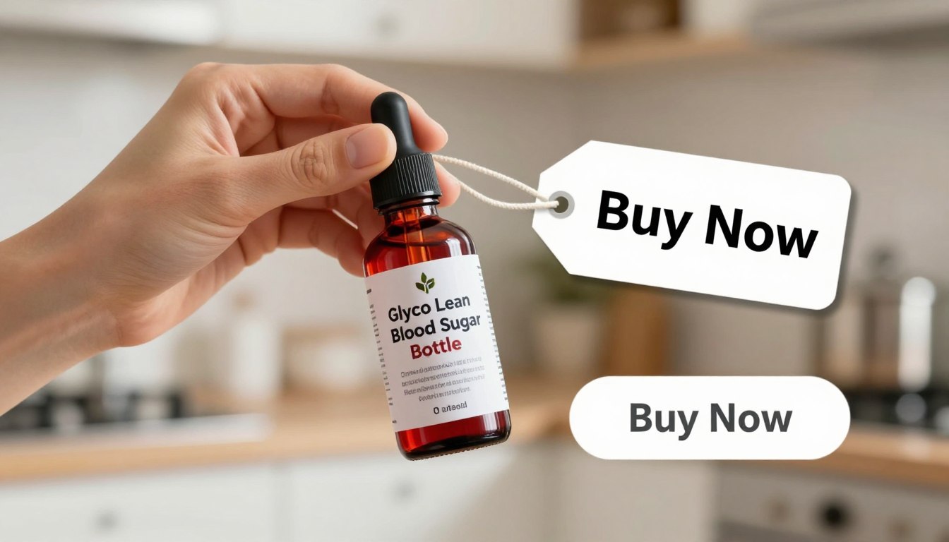 A clean, bright composition featuring a hand holding a red dropper bottle labeled "Glyco Lean Blood Sugar Bottle." The focus is on the bottle, which is set against a softly blurred backdrop of a serene, well-lit kitchen environment. In the mid-ground, a price tag indicating a discount hangs nearby, emphasizing affordability. A glowing "Buy Now" button is subtly integrated into the scene, adding to a call-to-action feel without being obtrusive. The lighting is natural and warm, suggesting a sense of health and vitality. The overall mood is inviting and professional, reflecting the idea of trust and efficacy associated with health supplements. No text or logos are included; the focus is solely on the product and its context. A clean, bright composition featuring a hand holding a red dropper bottle labeled "Glyco Lean Blood Sugar Bottle." The focus is on the bottle, which is set against a softly blurred backdrop of a serene, well-lit kitchen environment. In the mid-ground, a price tag indicating a discount hangs nearby, emphasizing affordability. A glowing "Buy Now" button is subtly integrated into the scene, adding to a call-to-action feel without being obtrusive. The lighting is natural and warm, suggesting a sense of health and vitality. The overall mood is inviting and professional, reflecting the idea of trust and efficacy associated with health supplements. No text or logos are included; the focus is solely on the product and its context.