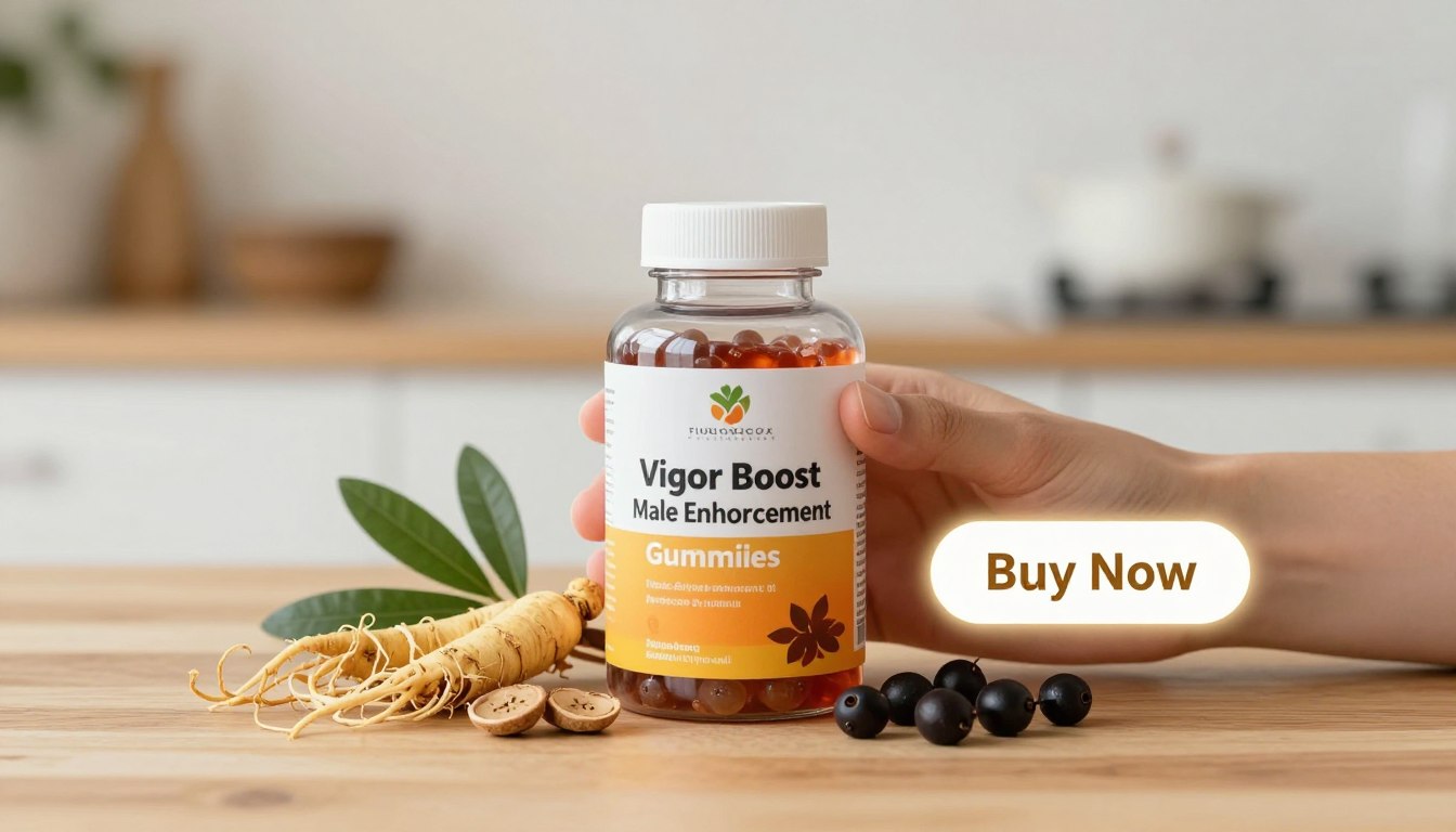 A clean, minimalistic image featuring a hand elegantly holding a bottle of "Vigor Boost Male Enhancement Gummies". The bottle is prominently displayed, showcasing its vibrant label with the brand name clearly legible. Surrounding the bottle, a selection of key natural ingredients such as ginseng, maca, and saw palmetto, artfully arranged on a wooden surface, enhancing the appealing aesthetic. Soft, natural lighting creates a warm and inviting atmosphere, while a blurred background of a softly lit kitchen or modern workspace adds depth. To one side, a subtle glowing "Buy Now" button and a price tag hover nearby, reinforcing a sense of action and urgency. The entire composition conveys confidence, vitality, and a focus on natural wellness, perfect for an article illustration. A clean, minimalistic image featuring a hand elegantly holding a bottle of "Vigor Boost Male Enhancement Gummies". The bottle is prominently displayed, showcasing its vibrant label with the brand name clearly legible. Surrounding the bottle, a selection of key natural ingredients such as ginseng, maca, and saw palmetto, artfully arranged on a wooden surface, enhancing the appealing aesthetic. Soft, natural lighting creates a warm and inviting atmosphere, while a blurred background of a softly lit kitchen or modern workspace adds depth. To one side, a subtle glowing "Buy Now" button and a price tag hover nearby, reinforcing a sense of action and urgency. The entire composition conveys confidence, vitality, and a focus on natural wellness, perfect for an article illustration.