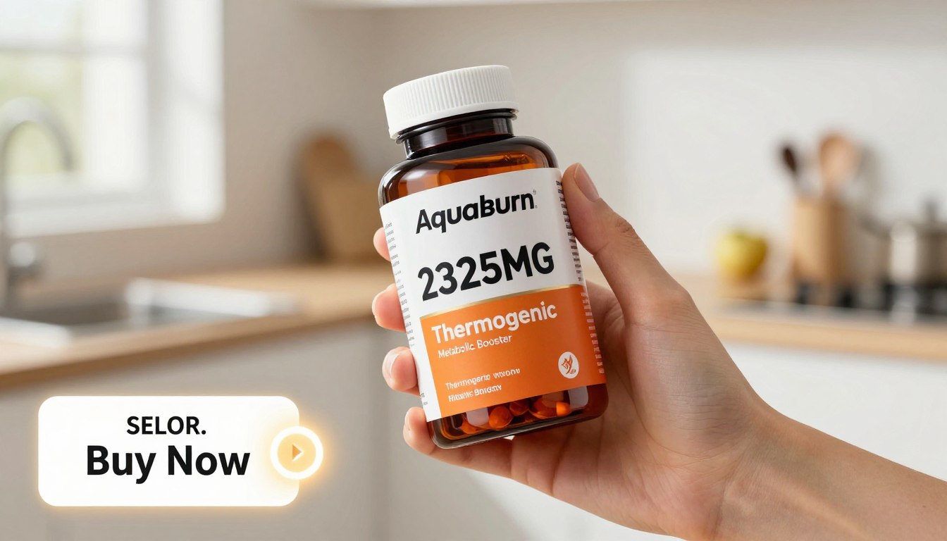 A clean, modern image of a hand holding a sleek AquaBurn dietary supplement bottle labeled "2325MG Capsules" with the tagline "Thermogenic Metabolic Booster" prominently displayed. The bottle should have a glossy finish and vivid colors that reflect vitality. In the foreground, include a price tag with an attractive price, alongside a glowing "Buy Now" button that draws attention. The background should be softly blurred, featuring hints of a bright, health-focused environment, such as a kitchen or wellness space, enhanced by warm natural lighting. Aim for an inviting, motivational atmosphere that encourages well-being and fitness, capturing the essence of AquaBurn as an effective supplement for fat-burning. A clean, modern image of a hand holding a sleek AquaBurn dietary supplement bottle labeled "2325MG Capsules" with the tagline "Thermogenic Metabolic Booster" prominently displayed. The bottle should have a glossy finish and vivid colors that reflect vitality. In the foreground, include a price tag with an attractive price, alongside a glowing "Buy Now" button that draws attention. The background should be softly blurred, featuring hints of a bright, health-focused environment, such as a kitchen or wellness space, enhanced by warm natural lighting. Aim for an inviting, motivational atmosphere that encourages well-being and fitness, capturing the essence of AquaBurn as an effective supplement for fat-burning.
