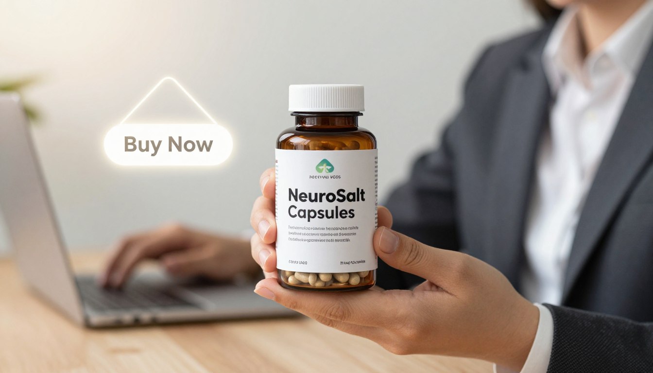A clean, professional layout showcasing a bottle of "NeuroSalt Capsules" prominently held in a hand, with the capsules visible inside. The foreground features a bright, attractive label on the bottle while the hand is dressed in smart casual attire. The middle ground includes an elegant, subtle price tag on the side and a glowing "Buy Now" button designed for digital appeal. In the background, soft-focus elements of a calm workspace are present, emphasizing a sense of tranquility and mental clarity. The lighting is bright and inviting, casting a warm glow to enhance the captivating effect of the product. The overall atmosphere is professional yet inviting, ideal for promoting cognitive health and well-being. A clean, professional layout showcasing a bottle of "NeuroSalt Capsules" prominently held in a hand, with the capsules visible inside. The foreground features a bright, attractive label on the bottle while the hand is dressed in smart casual attire. The middle ground includes an elegant, subtle price tag on the side and a glowing "Buy Now" button designed for digital appeal. In the background, soft-focus elements of a calm workspace are present, emphasizing a sense of tranquility and mental clarity. The lighting is bright and inviting, casting a warm glow to enhance the captivating effect of the product. The overall atmosphere is professional yet inviting, ideal for promoting cognitive health and well-being.