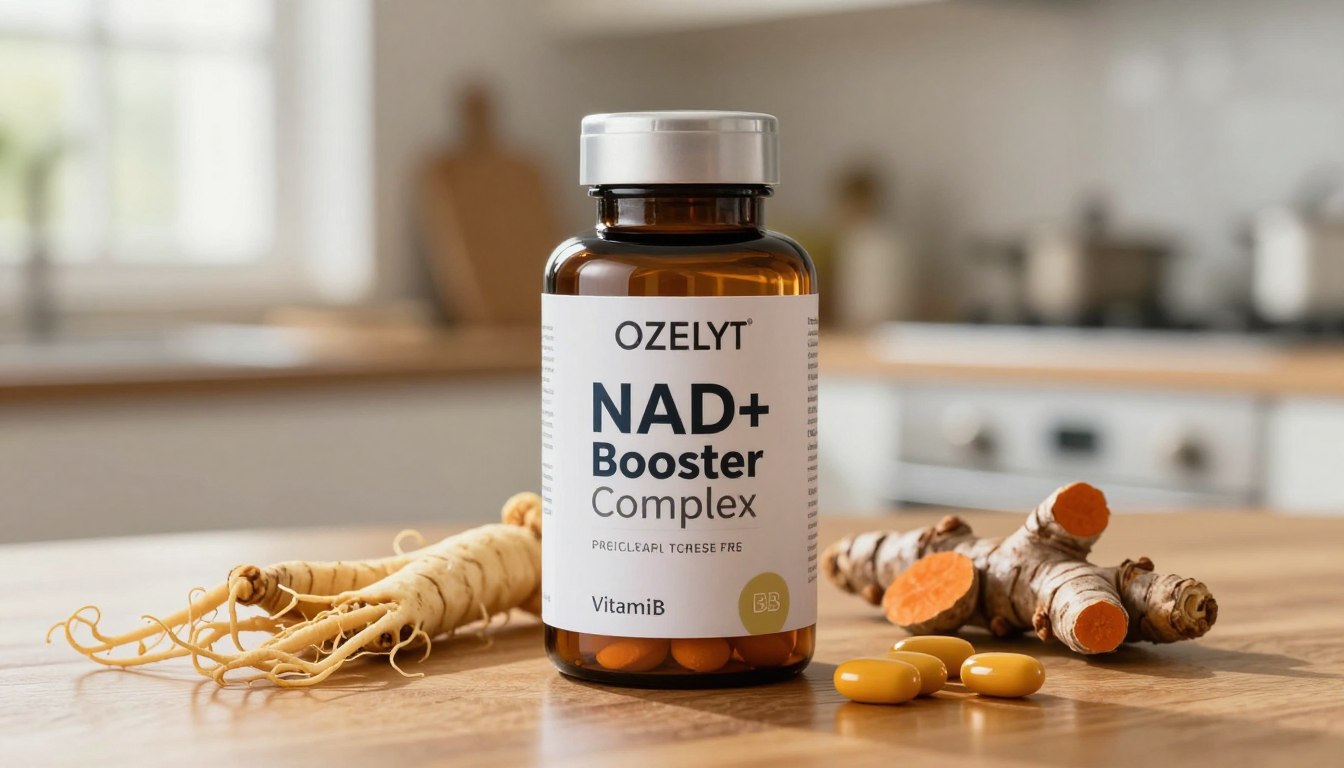 A close-up composition of the Ozelyt NAD+ Booster Complex supplement bottle, prominently displayed on a wooden surface, surrounded by its key natural ingredients like ginseng, turmeric, and vitamin B. The background features a softly blurred kitchen environment with warm, natural lighting streaming in through a window, creating a welcoming atmosphere. The focus is sharp on the bottle, showcasing its elegant design with a sleek label, emphasizing its scientific formulation. Include subtle reflections on the wooden surface to add depth. Capture the essence of health and vitality, evoking a sense of trust and authenticity in the product while ensuring a clean and professional presentation, free from any text or logos. A close-up composition of the Ozelyt NAD+ Booster Complex supplement bottle, prominently displayed on a wooden surface, surrounded by its key natural ingredients like ginseng, turmeric, and vitamin B. The background features a softly blurred kitchen environment with warm, natural lighting streaming in through a window, creating a welcoming atmosphere. The focus is sharp on the bottle, showcasing its elegant design with a sleek label, emphasizing its scientific formulation. Include subtle reflections on the wooden surface to add depth. Capture the essence of health and vitality, evoking a sense of trust and authenticity in the product while ensuring a clean and professional presentation, free from any text or logos.