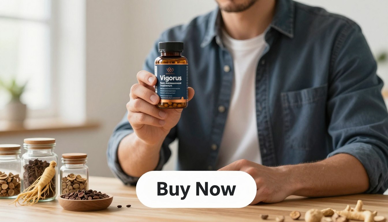 A close-up image of a confident man in a smart casual outfit, holding a bottle of "Vigorus Men’s Health Enhancement Supplement" in his right hand. He stands in a bright, well-lit room with a soft-focus background featuring a wooden table displaying various healthy core ingredients like ginseng, ashwagandha, and maca root in small glass jars. The lighting is warm and inviting, highlighting the man’s focused expression on the benefits of the supplement. In the foreground, there is a sleek "Buy Now" button designed in a contrasting color to attract attention. The brand name "Health & Wellness" is subtly incorporated into the design as part of the product label on the supplement bottle. The overall mood conveys empowerment and vitality.