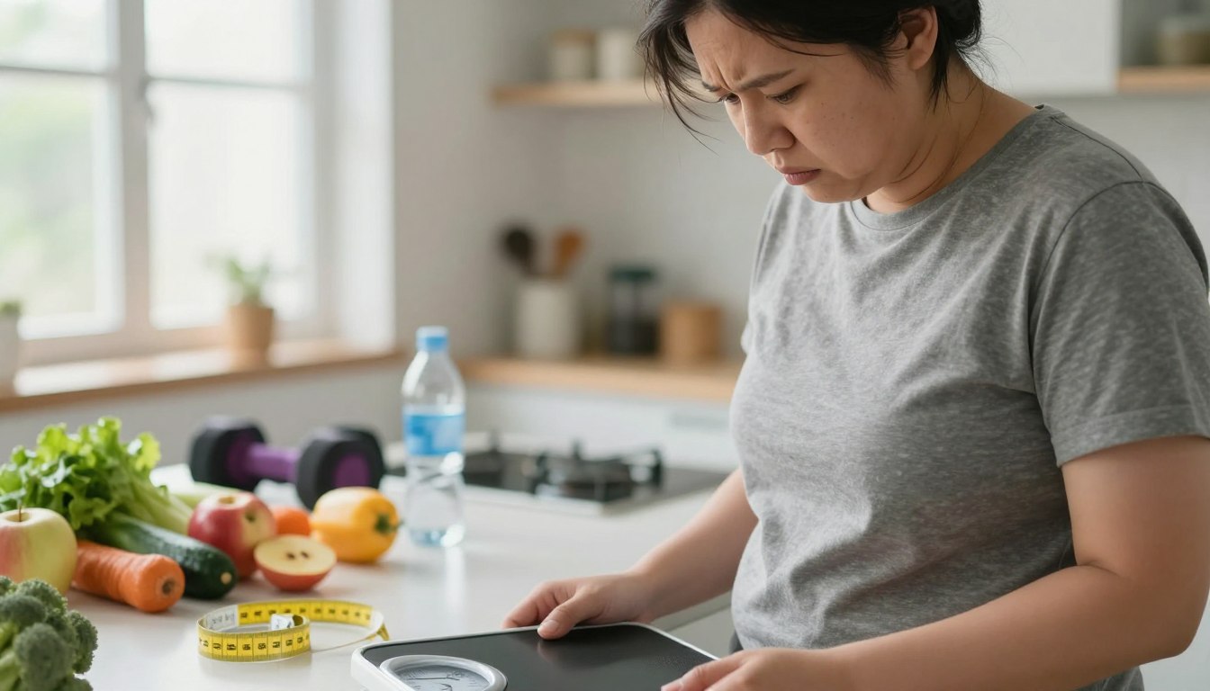 A close-up image of a frustrated person in modest casual attire, standing in a bright, modern kitchen, looking down at a scale with a confused expression. In the foreground, include a measurement tape and healthy foods like fruits and vegetables scattered around the scale. In the middle ground, depict the kitchen counter cluttered with fitness gear and a water bottle, symbolizing the struggle against stubborn fat and a slowing metabolism. The background features soft, natural lighting streaming through a window, creating an uplifting yet contemplative atmosphere. Use a shallow depth of field to focus on the person, while the kitchen elements subtly blur, adding depth to the scene. A close-up image of a frustrated person in modest casual attire, standing in a bright, modern kitchen, looking down at a scale with a confused expression. In the foreground, include a measurement tape and healthy foods like fruits and vegetables scattered around the scale. In the middle ground, depict the kitchen counter cluttered with fitness gear and a water bottle, symbolizing the struggle against stubborn fat and a slowing metabolism. The background features soft, natural lighting streaming through a window, creating an uplifting yet contemplative atmosphere. Use a shallow depth of field to focus on the person, while the kitchen elements subtly blur, adding depth to the scene.