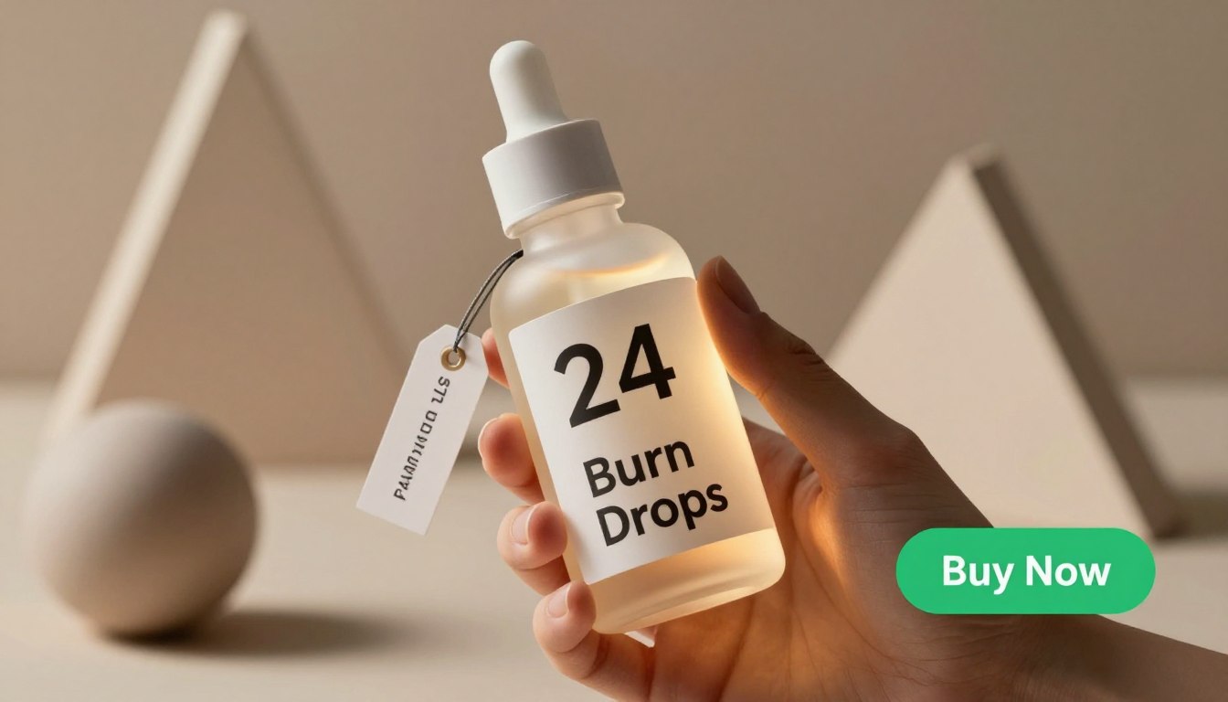 A close-up image of a hand holding a sleek, modern bottle of "24 Burn Drops," featuring a clean, minimalist design. The bottle should be elegantly illuminated, showcasing its details with a soft glow. In the background, abstract geometric shapes symbolize fat metabolism and vitality, softly blurred to maintain focus on the bottle. A subtle price tag hangs near the product, indicating a discount. To the side, a vibrant "Buy Now" button appears, designed in a compelling color that attracts attention. The atmosphere should exude professionalism and energy, highlighting a scientific approach to weight loss in a contemporary and inviting setting. The lighting is warm and inviting, creating a sense of hope and motivation for the viewer. A close-up image of a hand holding a sleek, modern bottle of "24 Burn Drops," featuring a clean, minimalist design. The bottle should be elegantly illuminated, showcasing its details with a soft glow. In the background, abstract geometric shapes symbolize fat metabolism and vitality, softly blurred to maintain focus on the bottle. A subtle price tag hangs near the product, indicating a discount. To the side, a vibrant "Buy Now" button appears, designed in a compelling color that attracts attention. The atmosphere should exude professionalism and energy, highlighting a scientific approach to weight loss in a contemporary and inviting setting. The lighting is warm and inviting, creating a sense of hope and motivation for the viewer.