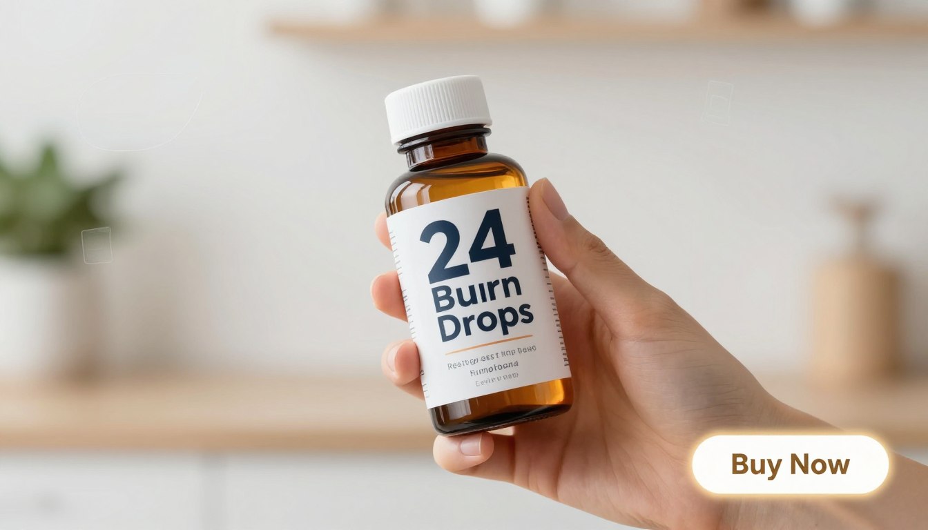 A close-up image of a hand holding a sleek, modern bottle of “24 Burn Drops,” showcasing its sophisticated design and vibrant label. The background is softly blurred, featuring hints of a clean, bright kitchen or wellness space with hints of greenery. The foreground highlights the bottle, illuminated with a warm, inviting glow to emphasize its appeal as a revolutionary weight loss supplement. A subtle price tag is visible, alongside a glowing “Buy Now” button, suggesting a sense of urgency and exclusivity. The overall atmosphere should be positive and motivating, evoking a sense of hope and transformation for potential users. The lighting is bright and airy, conveying a sense of health and vitality. A close-up image of a hand holding a sleek, modern bottle of “24 Burn Drops,” showcasing its sophisticated design and vibrant label. The background is softly blurred, featuring hints of a clean, bright kitchen or wellness space with hints of greenery. The foreground highlights the bottle, illuminated with a warm, inviting glow to emphasize its appeal as a revolutionary weight loss supplement. A subtle price tag is visible, alongside a glowing “Buy Now” button, suggesting a sense of urgency and exclusivity. The overall atmosphere should be positive and motivating, evoking a sense of hope and transformation for potential users. The lighting is bright and airy, conveying a sense of health and vitality.