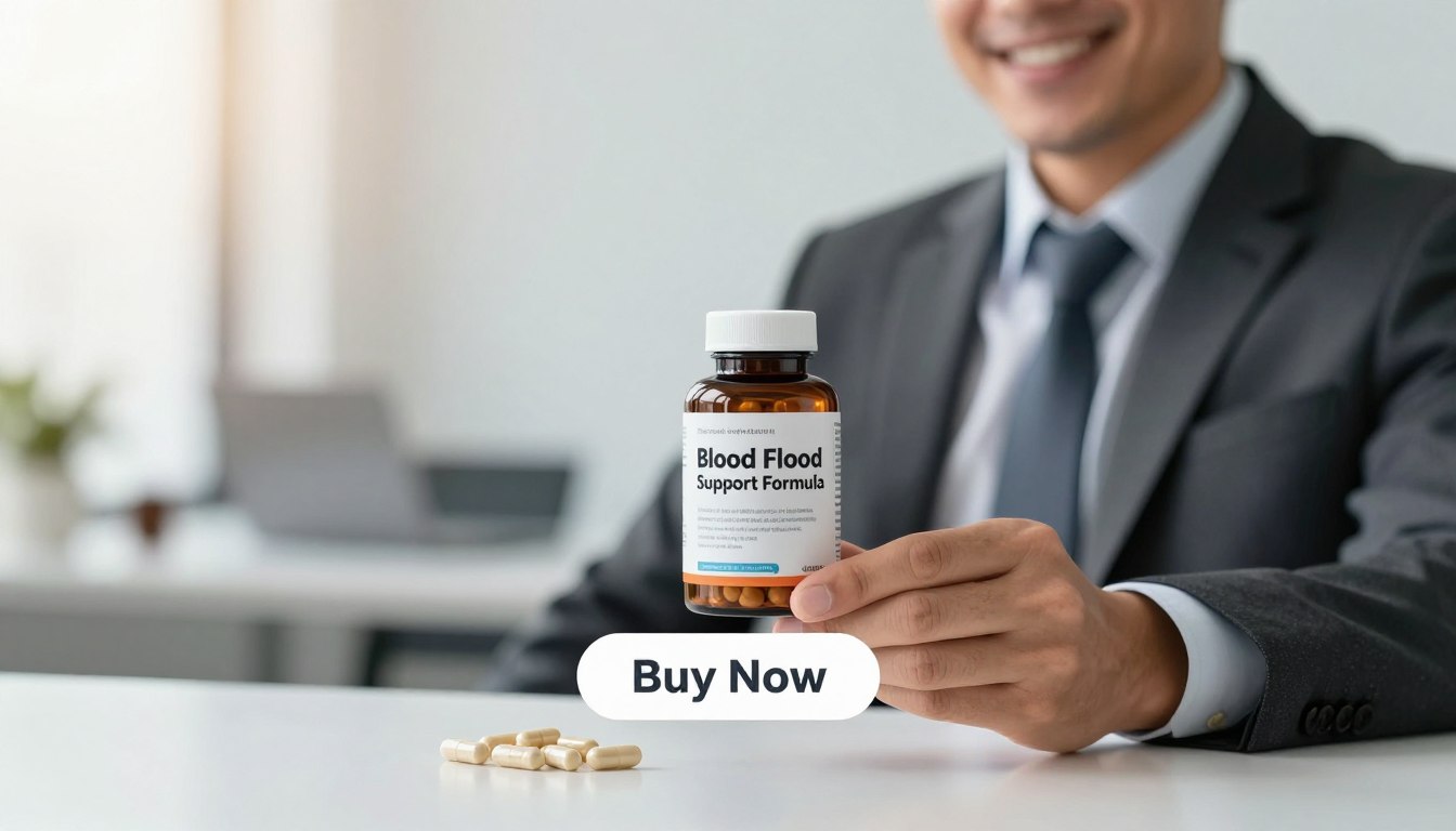 A close-up image of a man in professional business attire, smiling confidently while holding a bottle of natural stamina enhancer supplement capsules labeled "Blood Flow Support Formula." The foreground features the bottle prominently, with capsules spilling slightly onto a clean, glossy white surface. In the middle ground, a soft, muted background showcases a blurred view of a bright, modern office space, creating a professional atmosphere. The lighting is bright and inviting, with a warm glow highlighting the product. A subtle, realistic "Buy Now" button is displayed below the product, maintaining a clean and polished look. The overall mood conveys a sense of health, vitality, and professionalism, inviting viewers to consider the supplement. A close-up image of a man in professional business attire, smiling confidently while holding a bottle of natural stamina enhancer supplement capsules labeled "Blood Flow Support Formula." The foreground features the bottle prominently, with capsules spilling slightly onto a clean, glossy white surface. In the middle ground, a soft, muted background showcases a blurred view of a bright, modern office space, creating a professional atmosphere. The lighting is bright and inviting, with a warm glow highlighting the product. A subtle, realistic "Buy Now" button is displayed below the product, maintaining a clean and polished look. The overall mood conveys a sense of health, vitality, and professionalism, inviting viewers to consider the supplement.