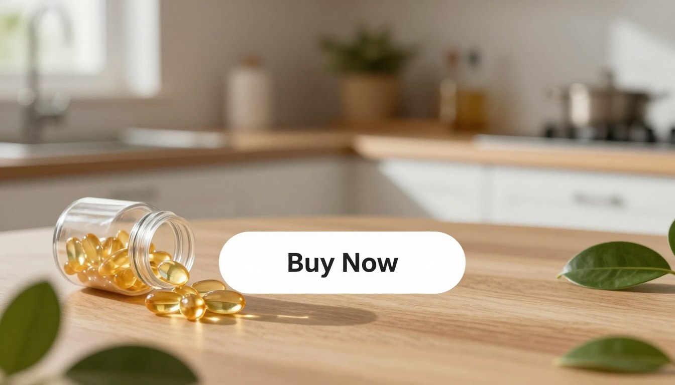 A close-up of Vidaylin CBD Capsules displayed elegantly on a wooden kitchen countertop, surrounded by fresh green leaves for an organic feel. In the foreground, the capsules are in a slightly open transparent bottle, showcasing their golden hue and soft gel texture. The middle ground features a calming scene with a softly blurred background of a warm-lit room, suggesting a peaceful environment, enhancing the mood of relaxation and wellness. Soft, natural lighting illuminates the scene, casting gentle shadows that add depth. The image should also include a clear, prominent long button labeled "Buy Now" strategically placed, inviting the viewer with a clean, modern design. The atmosphere is serene and inviting, emphasizing the product’s benefits for pain relief, anxiety reduction, and better sleep.