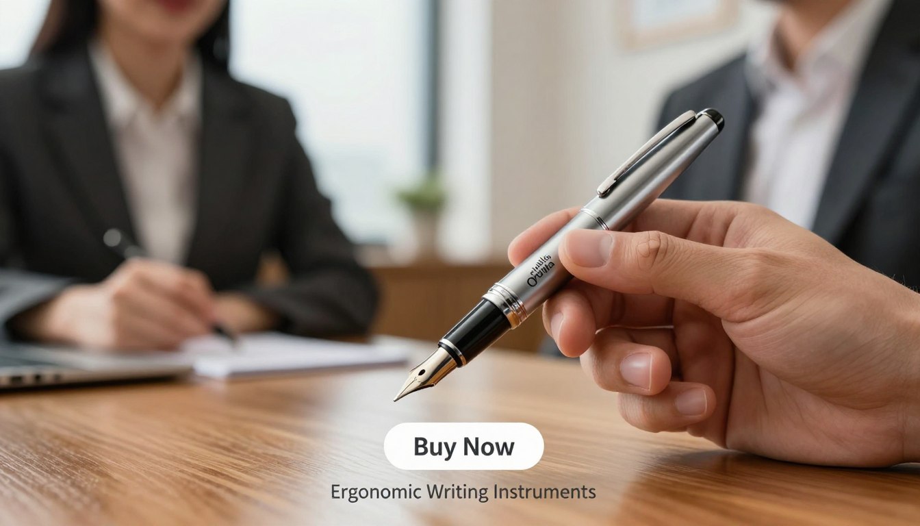 A close-up of a precision writing pen, the "Orivelle Pen Mola," held by a professional man and woman in business attire, showcasing the sleek design and fine details of the pen. The foreground focuses on the pen, highlighting its precision tip with a shiny metallic finish and intricate engravings. In the middle ground, soft reflections suggest a polished wooden table surface, while the background features a blurred office environment with warm, natural lighting to create an inviting atmosphere. The lens captures the scene at a slight angle for depth, emphasizing the control and elegance of the pen. Below, a subtle "Buy Now" button appears, alongside the brand name "Ergonomic Writing Instruments."
