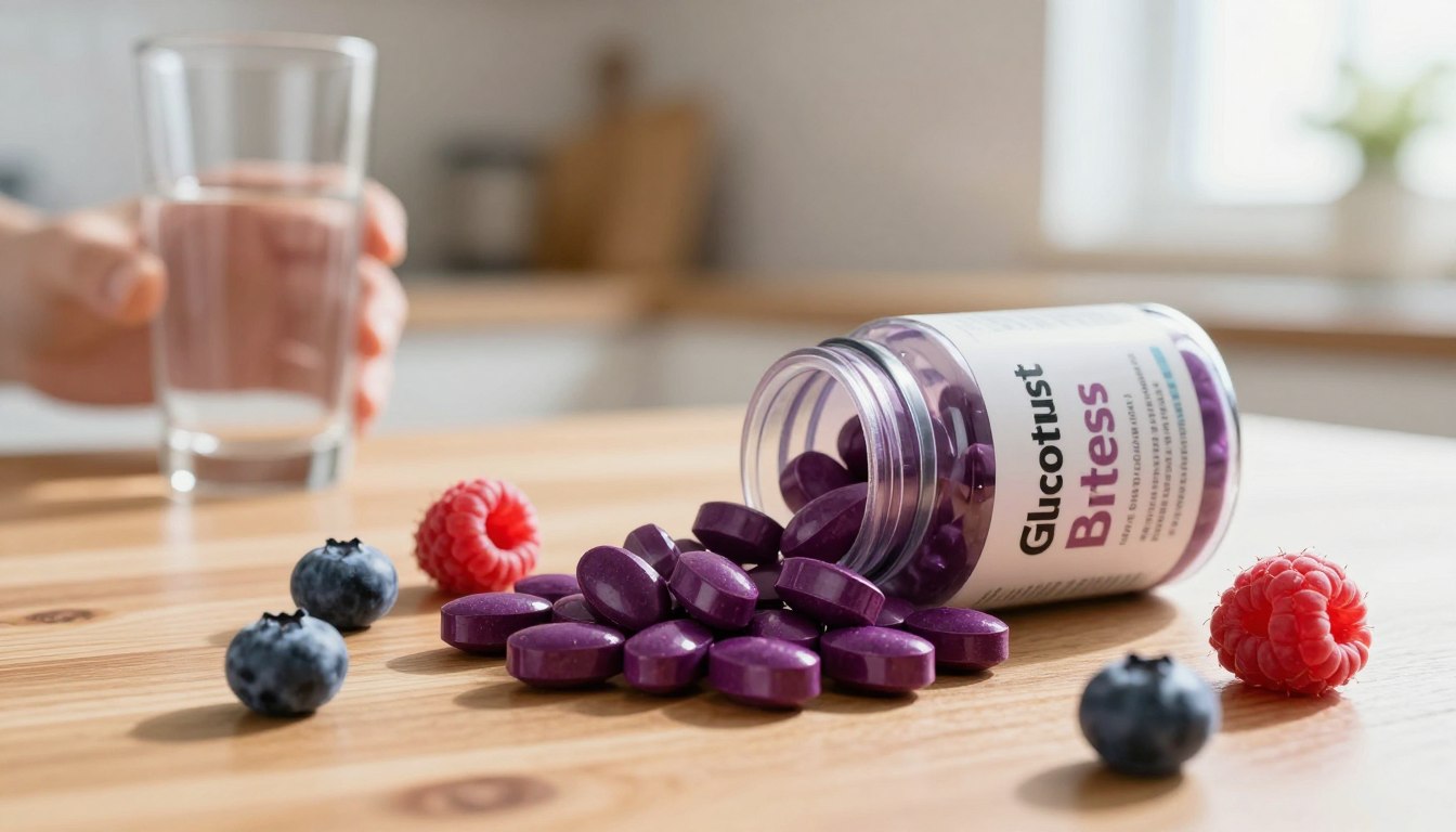 A close-up of a vibrant, chewable supplement labeled Glucotrust Bites, resting on a polished wooden surface. The bites are a rich, appealing shade of berry purple with a glossy finish, surrounded by fresh berries like blueberries and raspberries scattered playfully around them. In the background, a softly blurred kitchen setting features a hand holding a glass of water, hinting at hydration. Natural light streams in from a nearby window, casting gentle shadows and highlighting the texture of the bites. The mood is inviting and healthy, conveying a sense of well-being. The composition should focus on the supplements while maintaining a clean and professional aesthetic, suitable for a health-focused article. A close-up of a vibrant, chewable supplement labeled Glucotrust Bites, resting on a polished wooden surface. The bites are a rich, appealing shade of berry purple with a glossy finish, surrounded by fresh berries like blueberries and raspberries scattered playfully around them. In the background, a softly blurred kitchen setting features a hand holding a glass of water, hinting at hydration. Natural light streams in from a nearby window, casting gentle shadows and highlighting the texture of the bites. The mood is inviting and healthy, conveying a sense of well-being. The composition should focus on the supplements while maintaining a clean and professional aesthetic, suitable for a health-focused article.