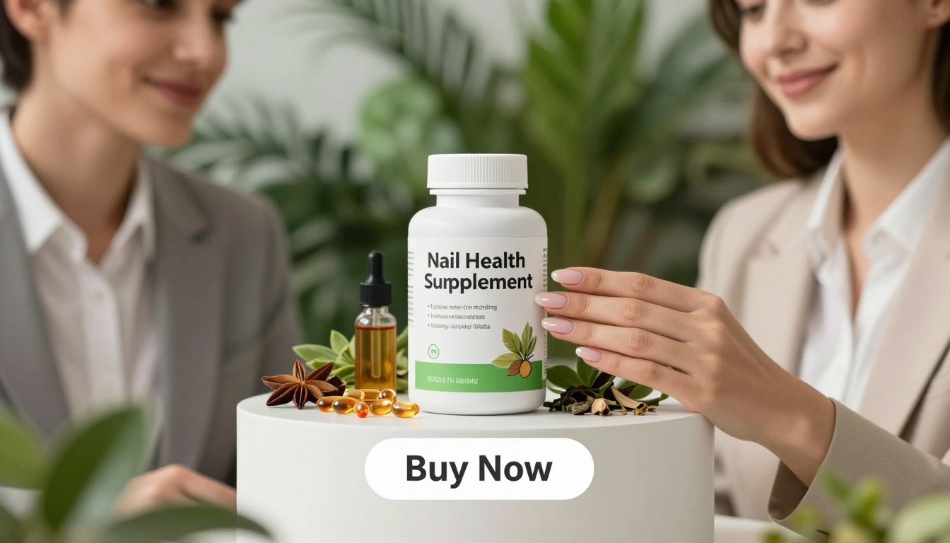 A close-up product display of a stylish, modern nail health supplement titled "Nail Health Supplement," featuring vibrant, natural ingredients such as biotin capsules, essential oils, and botanical extracts. In the foreground, a man and a woman wearing professional business attire are thoughtfully examining the product, with the woman showcasing fresh, manicured nails. In the middle, the product packaging is elegantly placed, highlighting its sleek design and clear labeling. The background is softly blurred with lush greenery, creating a fresh, natural atmosphere. Use soft, diffused lighting to enhance the scene, providing a bright, inviting feel. The composition should evoke a sense of professionalism and wellness, with a clear "Buy Now" button positioned below the product, inviting action.