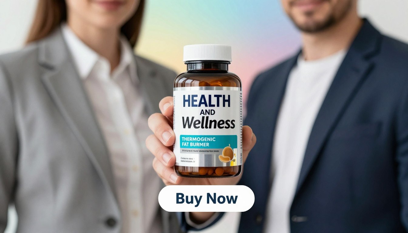 A close-up product image featuring a sleek, modern thermogenic fat burner supplement bottle labeled "HEALTH AND Wellness" prominently displayed in the foreground. In the middle ground, a fit man and woman, dressed in professional business attire, are holding the bottle confidently, showcasing the product. The scene is well-lit with natural lighting that creates a vibrant and clean atmosphere, highlighting the product's design. In the background, a subtle gradient of colors suggests energy and vitality, complementing the theme of fitness and health. Below the product, a stylish "Buy Now" button is included, seamlessly integrated into the design, enhancing the visual appeal without overwhelming the main elements of the image. The overall mood conveys motivation and well-being, perfect for illustrating the topic of thermogenic fat burners. A close-up product image featuring a sleek, modern thermogenic fat burner supplement bottle labeled "HEALTH AND Wellness" prominently displayed in the foreground. In the middle ground, a fit man and woman, dressed in professional business attire, are holding the bottle confidently, showcasing the product. The scene is well-lit with natural lighting that creates a vibrant and clean atmosphere, highlighting the product's design. In the background, a subtle gradient of colors suggests energy and vitality, complementing the theme of fitness and health. Below the product, a stylish "Buy Now" button is included, seamlessly integrated into the design, enhancing the visual appeal without overwhelming the main elements of the image. The overall mood conveys motivation and well-being, perfect for illustrating the topic of thermogenic fat burners.