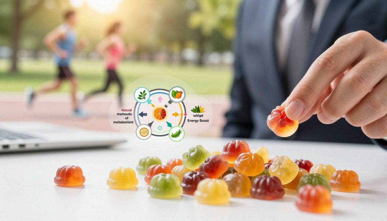 A close-up view of LipoBoost Gummies, brightly colored and glossy, arranged enticingly on a sleek white surface, showcasing their vibrant flavors. The foreground features one gummy being lifted by a hand in professional business attire, emphasizing the ease of weight management. In the middle, an infographic-style illustration depicting the science of fat metabolism and energy boost, with arrows and icons representing the natural ingredients used in the gummies. The background displays a blurred image of a healthy lifestyle scene—a sunny park with people jogging, suggesting vitality and wellness. Soft, natural lighting highlights the gummies, creating an inviting and fresh atmosphere, with a focus on health and positivity. A close-up view of LipoBoost Gummies, brightly colored and glossy, arranged enticingly on a sleek white surface, showcasing their vibrant flavors. The foreground features one gummy being lifted by a hand in professional business attire, emphasizing the ease of weight management. In the middle, an infographic-style illustration depicting the science of fat metabolism and energy boost, with arrows and icons representing the natural ingredients used in the gummies. The background displays a blurred image of a healthy lifestyle scene—a sunny park with people jogging, suggesting vitality and wellness. Soft, natural lighting highlights the gummies, creating an inviting and fresh atmosphere, with a focus on health and positivity.