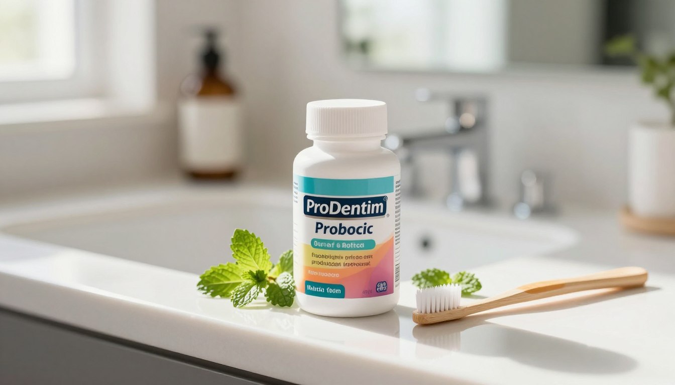 A close-up view of a ProDentim oral probiotic supplement bottle, elegantly displayed on a clean, shiny bathroom countertop. The bottle is white with a colorful label highlighting its key ingredients, surrounded by fresh mint leaves and a toothbrush with soft bristles. In the background, a bright, well-lit bathroom setting, featuring a mirror with soft reflections, creates an inviting atmosphere. Gentle sunlight filters through a window, casting a warm glow over the scene. The composition should be shot from an overhead angle, emphasizing the product prominently while maintaining a tidy and hygienic feel. The overall mood is fresh, modern, and health-focused, suitable for an oral care product.