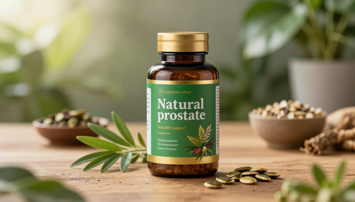 A close-up view of a natural prostate support supplement bottle, elegantly designed with a green and gold label showcasing herbal illustrations like saw palmetto and pumpkin seeds. The bottle should be placed on a wooden table surrounded by fresh herbs and small bowls filled with natural ingredients such as seeds and roots, symbolizing health and vitality. In the background, softly blurred, there are lush green plants and a hint of sunlight filtering through, creating a warm, inviting atmosphere. The scene should evoke a sense of wellness and natural strength, inviting viewers to explore the benefits of the supplement. The lighting is warm and natural, with a slight bokeh effect to enhance the main subject, shot from a slight angle to add depth. A close-up view of a natural prostate support supplement bottle, elegantly designed with a green and gold label showcasing herbal illustrations like saw palmetto and pumpkin seeds. The bottle should be placed on a wooden table surrounded by fresh herbs and small bowls filled with natural ingredients such as seeds and roots, symbolizing health and vitality. In the background, softly blurred, there are lush green plants and a hint of sunlight filtering through, creating a warm, inviting atmosphere. The scene should evoke a sense of wellness and natural strength, inviting viewers to explore the benefits of the supplement. The lighting is warm and natural, with a slight bokeh effect to enhance the main subject, shot from a slight angle to add depth.