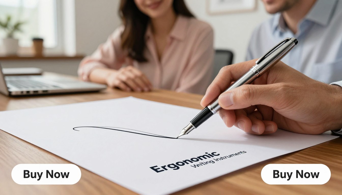 A close-up view of a refined, premium-quality Orivelle Pen Mola gliding effortlessly across a smooth sheet of high-grade, white paper, showcasing the seamless ink flow. In the foreground, the elegant pen, featuring a sleek design with chrome detailing and a comfortable grip, is being held by a naturally smiling man in a light business attire, while a woman in a pastel blouse watches admiringly, both seated at a polished wooden desk. The middle-ground highlights the delicate, fluid lines of rich black ink as it forms graceful curves on the page. Soft, warm lighting illuminates the scene, creating a calm, focused atmosphere, with a blurred office background. In the bottom corner, a subtle "Buy Now" button appears, with the brand name "Ergonomic Writing Instruments" featured prominently, enhancing the image's appeal without overcrowding.