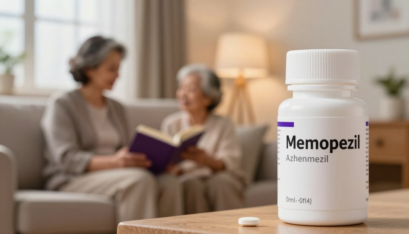 A close-up view of a sleek, modern pill bottle labeled "Memopezil" prominently displayed in the foreground, showcasing its elegant design and clinical branding. The middle ground features a softly blurred backdrop of a cozy, well-lit living room, suggesting a calm and supportive environment for Alzheimer's patients. A warm, inviting ambient light filters through a nearby window, creating gentle shadows that enhance the atmosphere of comfort and hope. A family member, dressed in simple yet professional attire, sits in the background reading a book, symbolizing support and care. The overall mood is serene and optimistic, emphasizing the importance of Memopezil in Alzheimer's treatment while avoiding any medical jargon. The perspective is slightly tilted to capture both the bottle and the familial setting effectively.